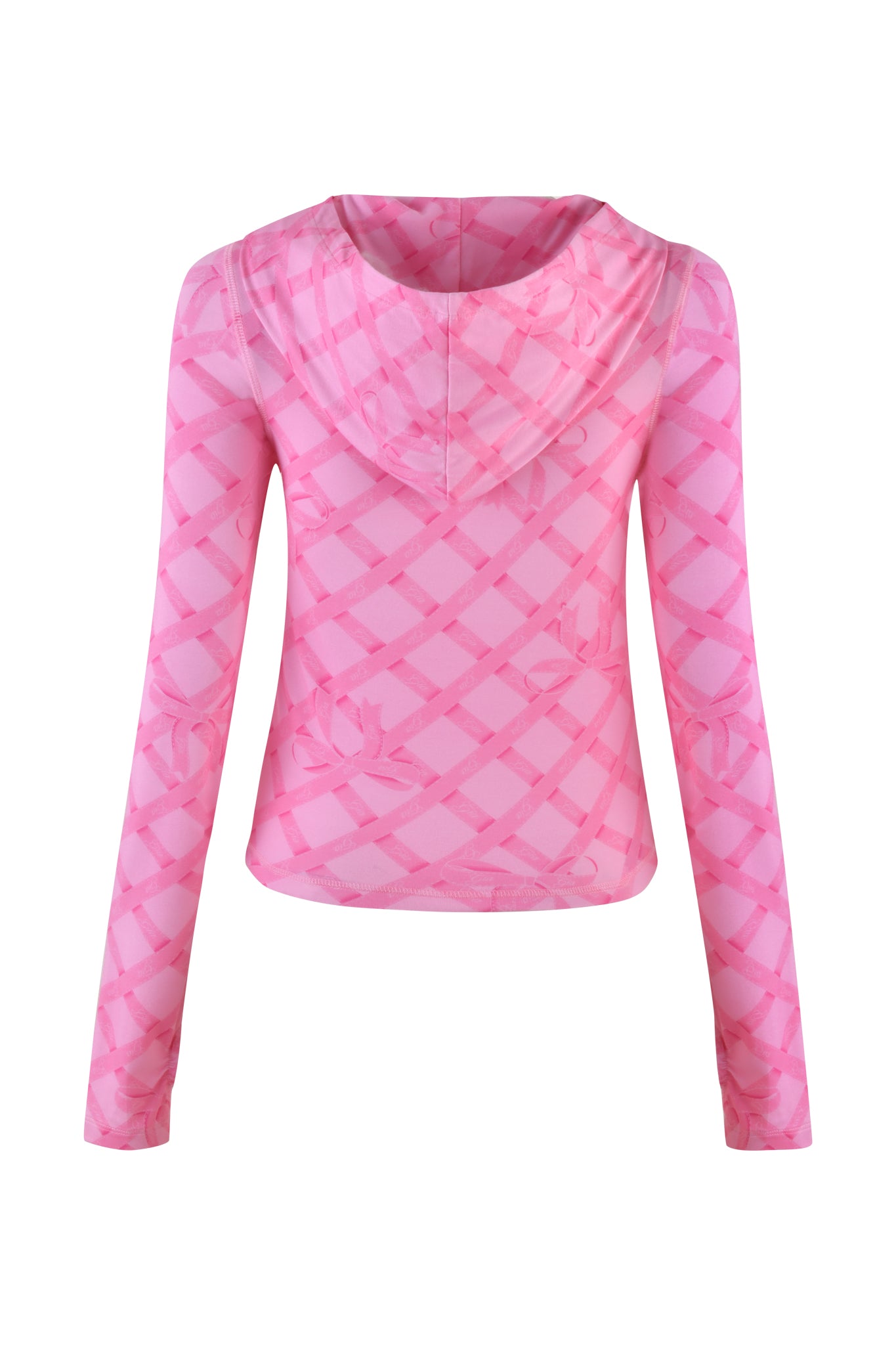 The back view of the I.AM.GIA Blare Hoodie - Pink: Wrapped in Gia features a pink geometric pattern with interlocking squares, a relaxed fit, and a slightly cropped hem for the perfect blend of style and comfort.