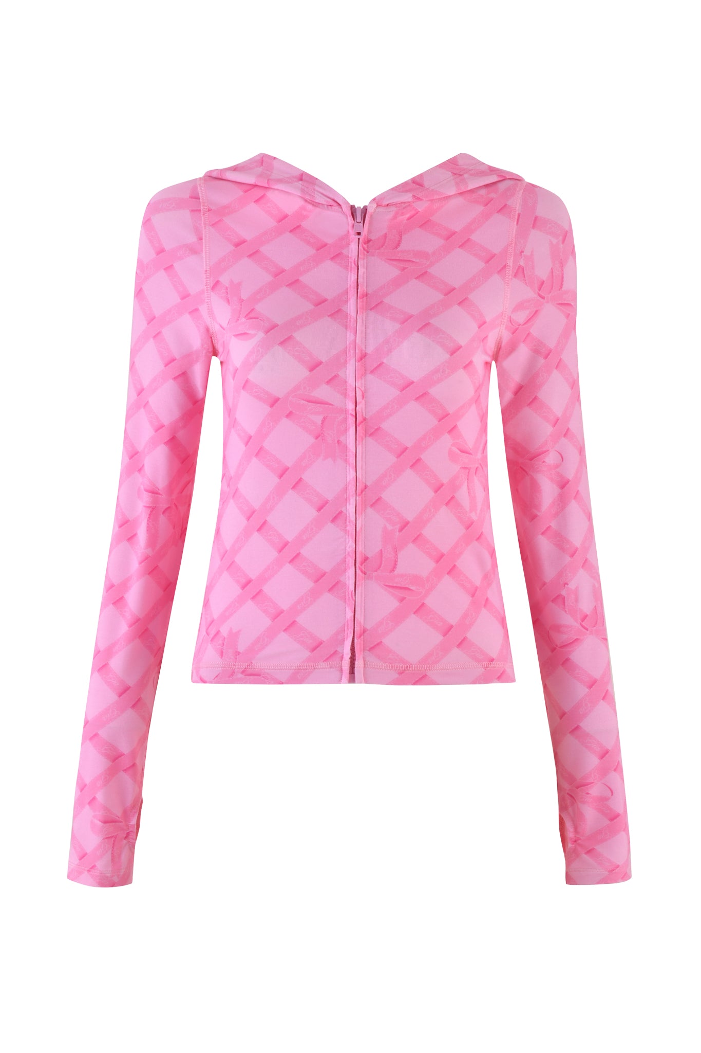 The I.AM.GIA Blare Hoodie Wrapped in Gia features a pink checkered print, front zipper closure, and long sleeves. Its simple design makes it perfect for everyday wear, and the lightweight fabric ensures comfort with a fashionable edge.