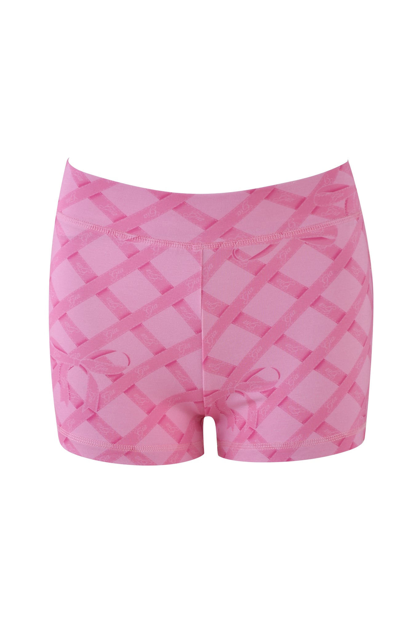 The I.AM.GIA Blare Short - Pink: Wrapped in Gia showcases a geometric lattice pattern with diagonal shades of pink on a white background. Made from stretchy bamboo fabric, these shorts feature a smooth waistband for ultimate comfort.