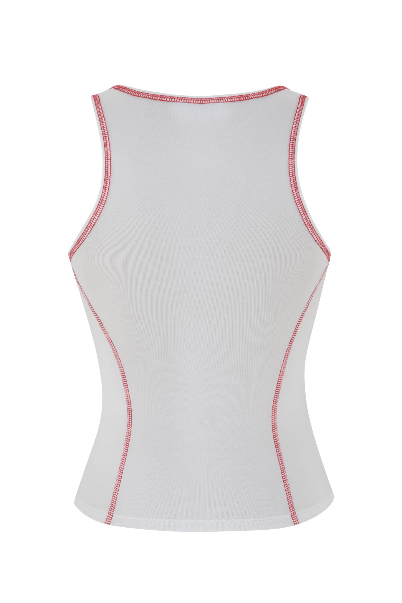 The I.AM.GIA BLARE TANK in white is sleeveless and bodycon, shown from the back with fitted seams and visible pink stitching highlighting the edges.