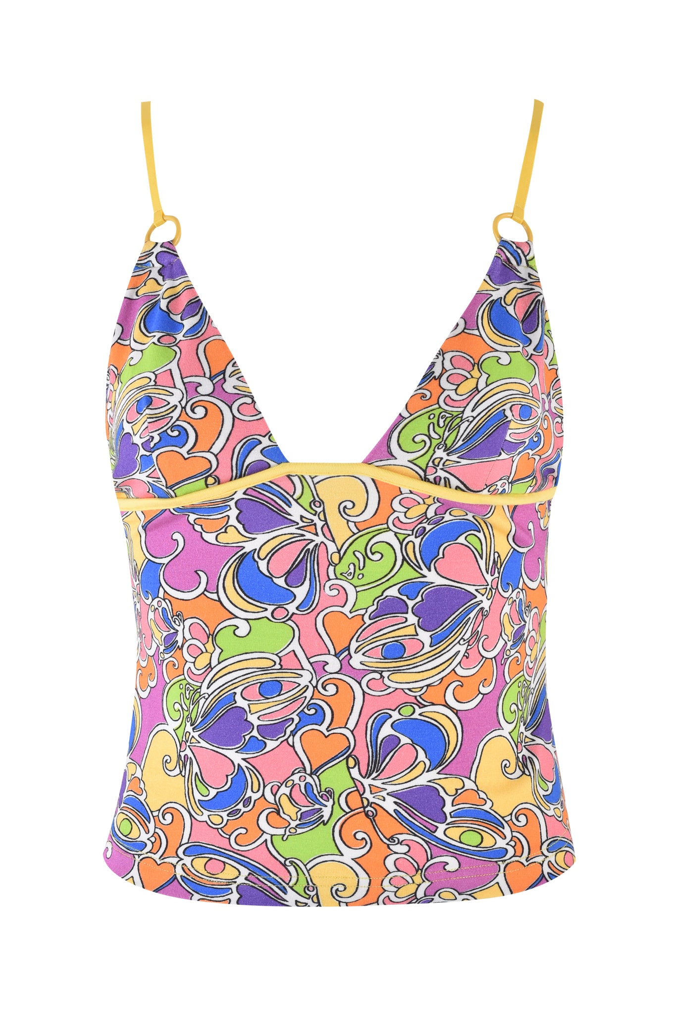 The ETTA TOP - TROPICAL BUTTERFLY BLOOM by I.AM.GIA is a vibrant sleeveless camisole with adjustable yellow satin straps, swirling psychedelic patterns in bold colors, triangle bust cups, and a plunging neckline.