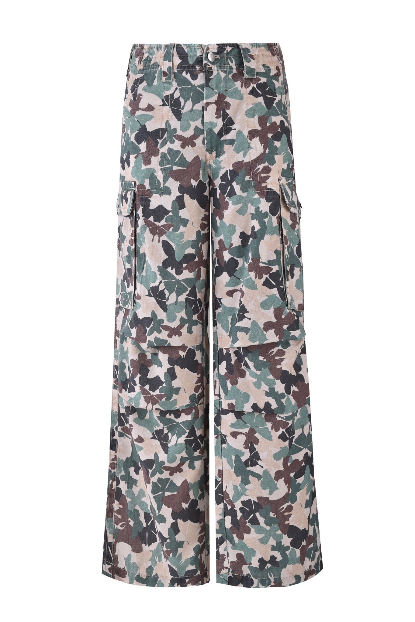 The EFFIE CARGO PANT - FLUTTER CAMO by I.AM.GIA features lightweight linen in a green, brown, and beige butterfly camo pattern. Styled with wide legs and multiple pockets against a plain white background, these pants offer both functionality and fashion.