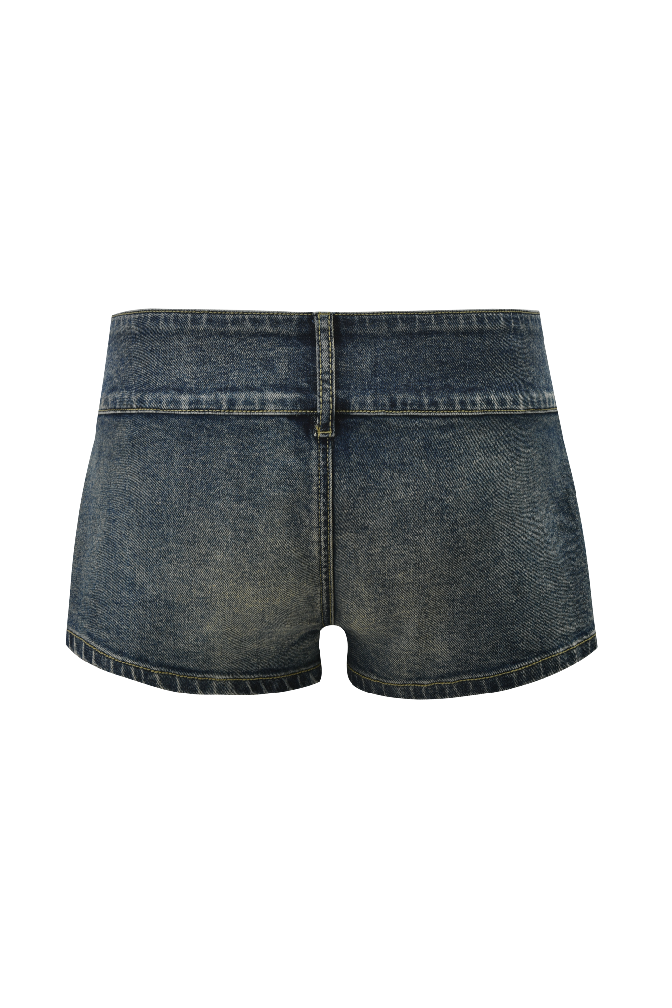 Back view of the KEENAN SHORT - DARK WASH by I.AM.GIA, featuring visible stitching, a low rise waist, and a faded, worn look.