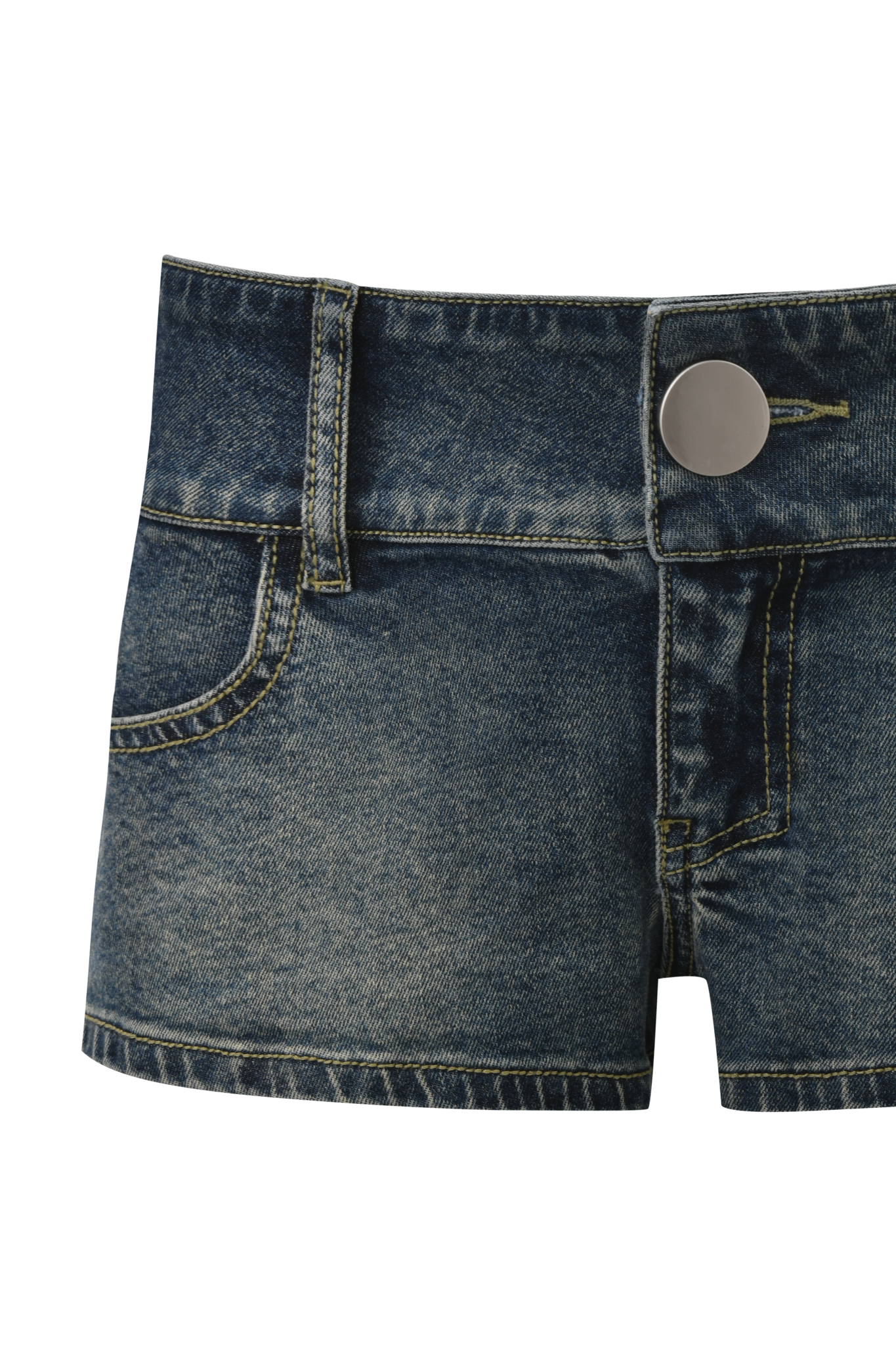 The I.AM.GIA KEENAN SHORT - DARK WASH is a pair of blue mini shorts in dark wash denim with yellow stitching, front pockets, and a silver button closure.