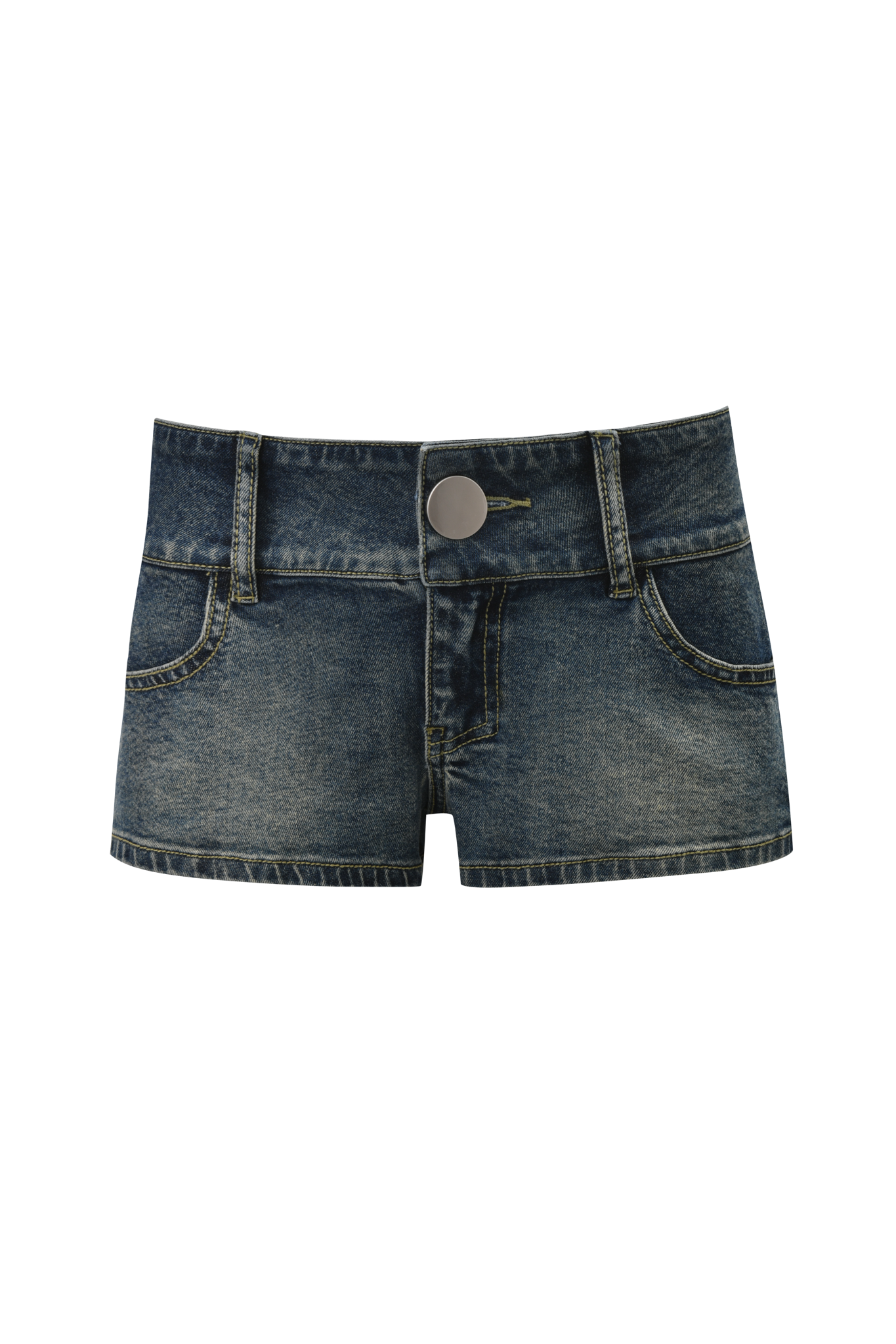 The KEENAN SHORT - DARK WASH by I.AM.GIA features a low rise, button closure, front pockets, and visible stitching details in a dark wash denim, displayed on a plain background.