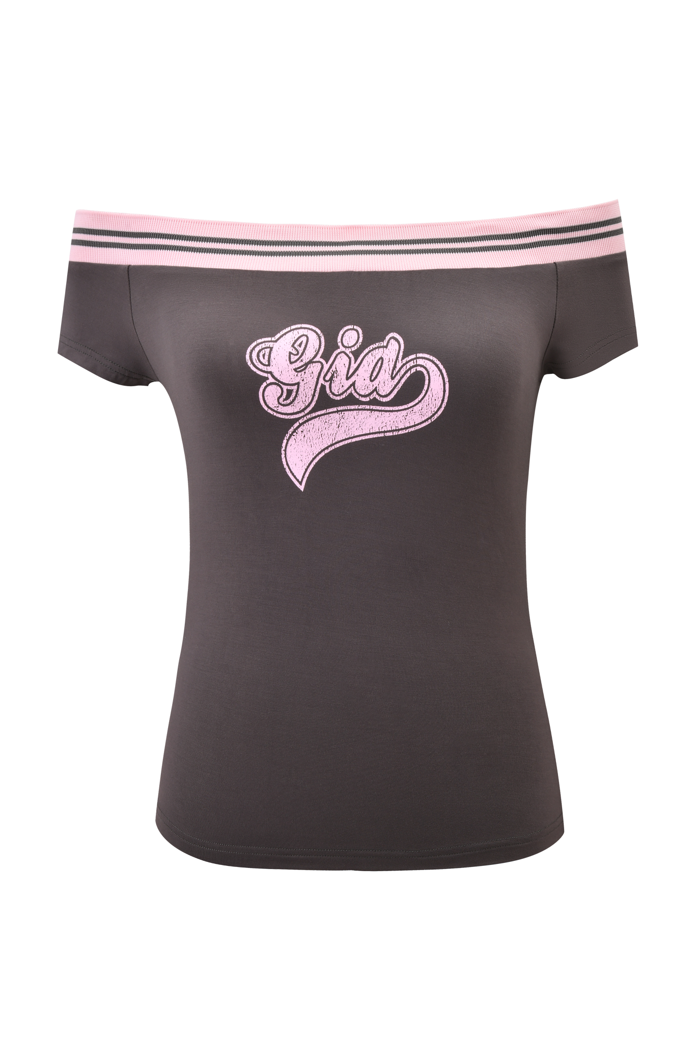 The I.AM.GIA ELLIS TOP - GREY is an off-shoulder charcoal grey top with pink and white striped trim and "Girl" in a sporty logo across the chest, made from ultra-soft stretch bamboo for all-day comfort.