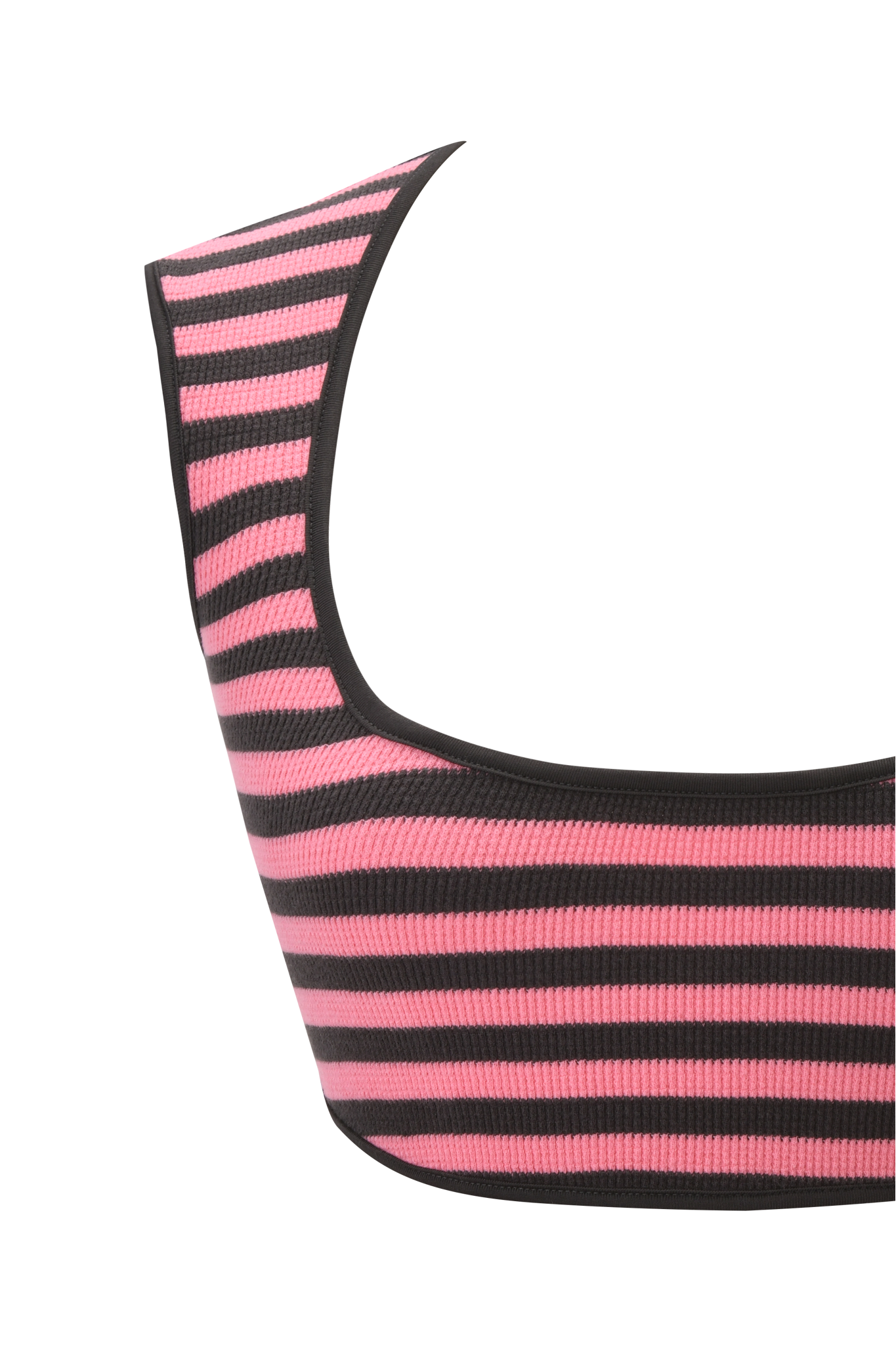 A close-up of the I.AM.GIA RICA TOP - PINK AND GREY, a sleeveless body-con crop tank with horizontal pink and grey stripes, black trim, and striped waffle knit, photographed against a white background.
