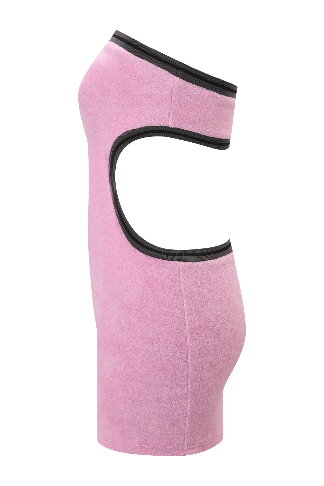 The DANI MINI DRESS - PINK by I.AM.GIA is a fitted, sleeveless terry towelling dress with black trim and a bold side waist cutout, shown in profile on a mannequin to highlight its soft, textured fabric and unique design.