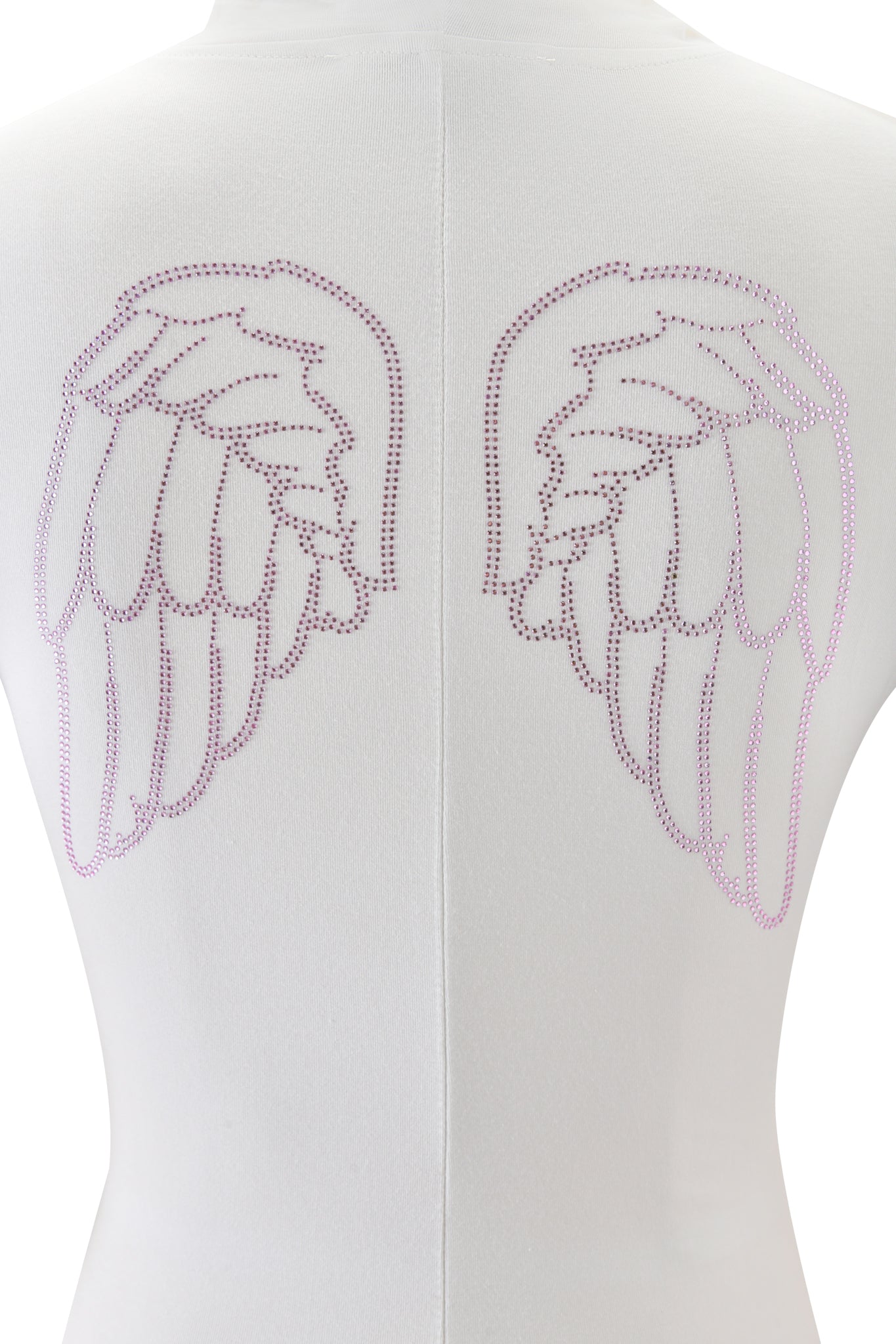 The BLARE ROMPER - WHITE ANGEL by I.AM.GIA is a white bodycon romper with angel wings outlined in light purple rhinestones on the back.