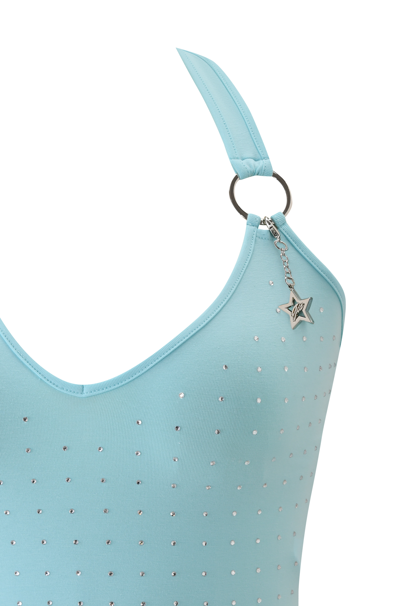 The BUBBLES TOP - AQUA by I.AM.GIA is an aqua halter top with grid diamante details and a star-shaped charm hanging from a silver o-ring on one strap.