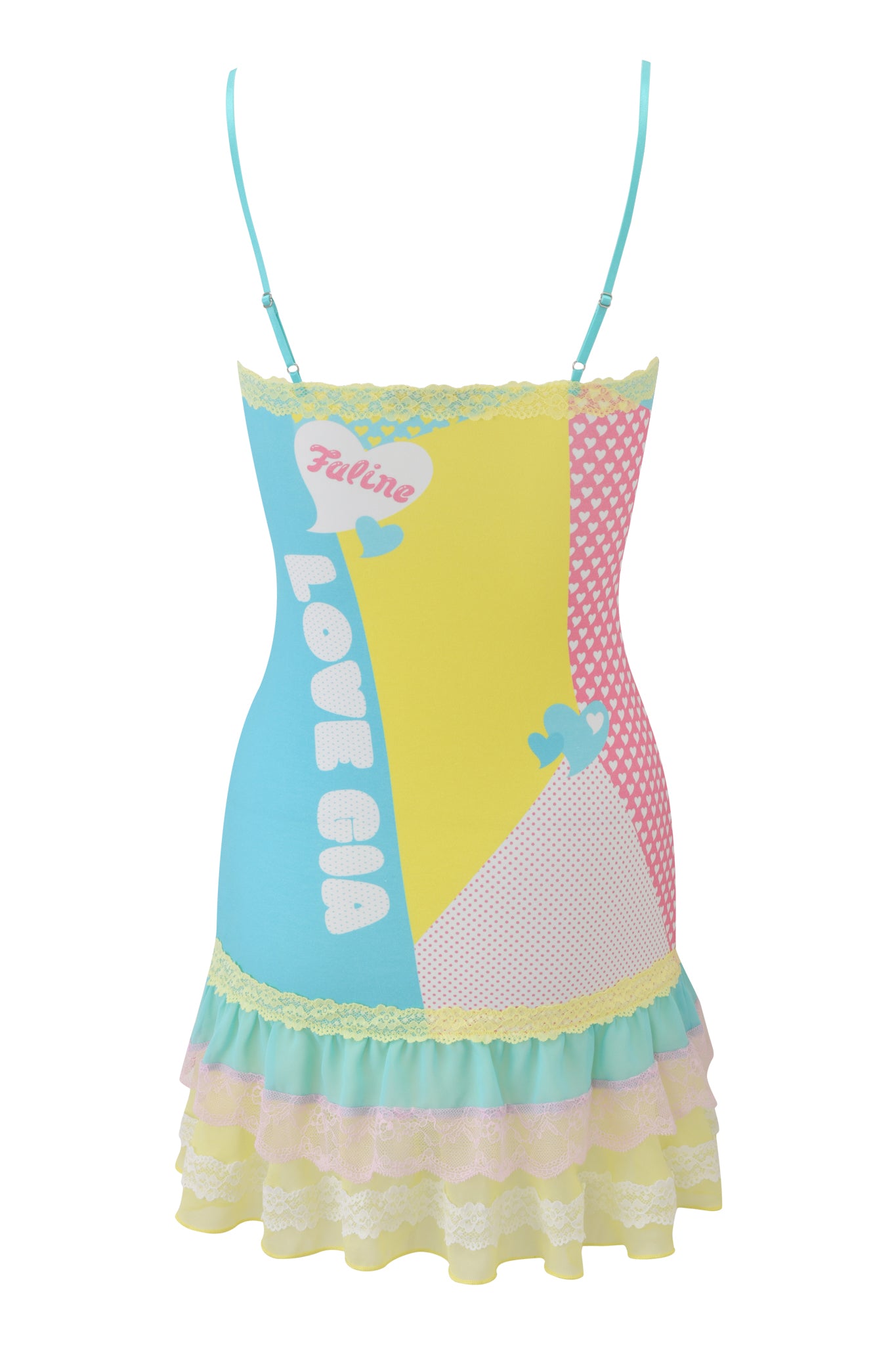 The I.AM.GIA FAFI MINI DRESS - BLUE is a colorful cami mini with thin straps, pastel yellow, blue, and pink panels, lace trim, ruffled hem, and the exclusive “Feline Love Gia” heart and bird print on the front.