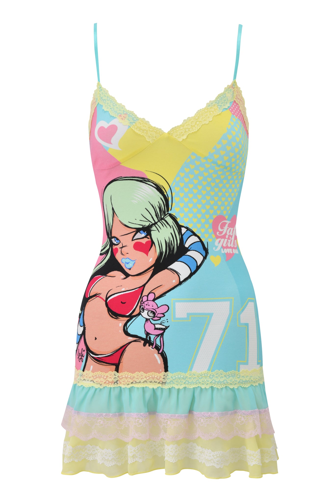 The I.AM.GIA FAFI MINI DRESS - BLUE is a stretch jersey cami mini dress with an exclusive print of a green-haired cartoon woman in a red bikini, pink gloves, and mouse, featuring lace trim, pastel patterns, and the number 71 near the hem.