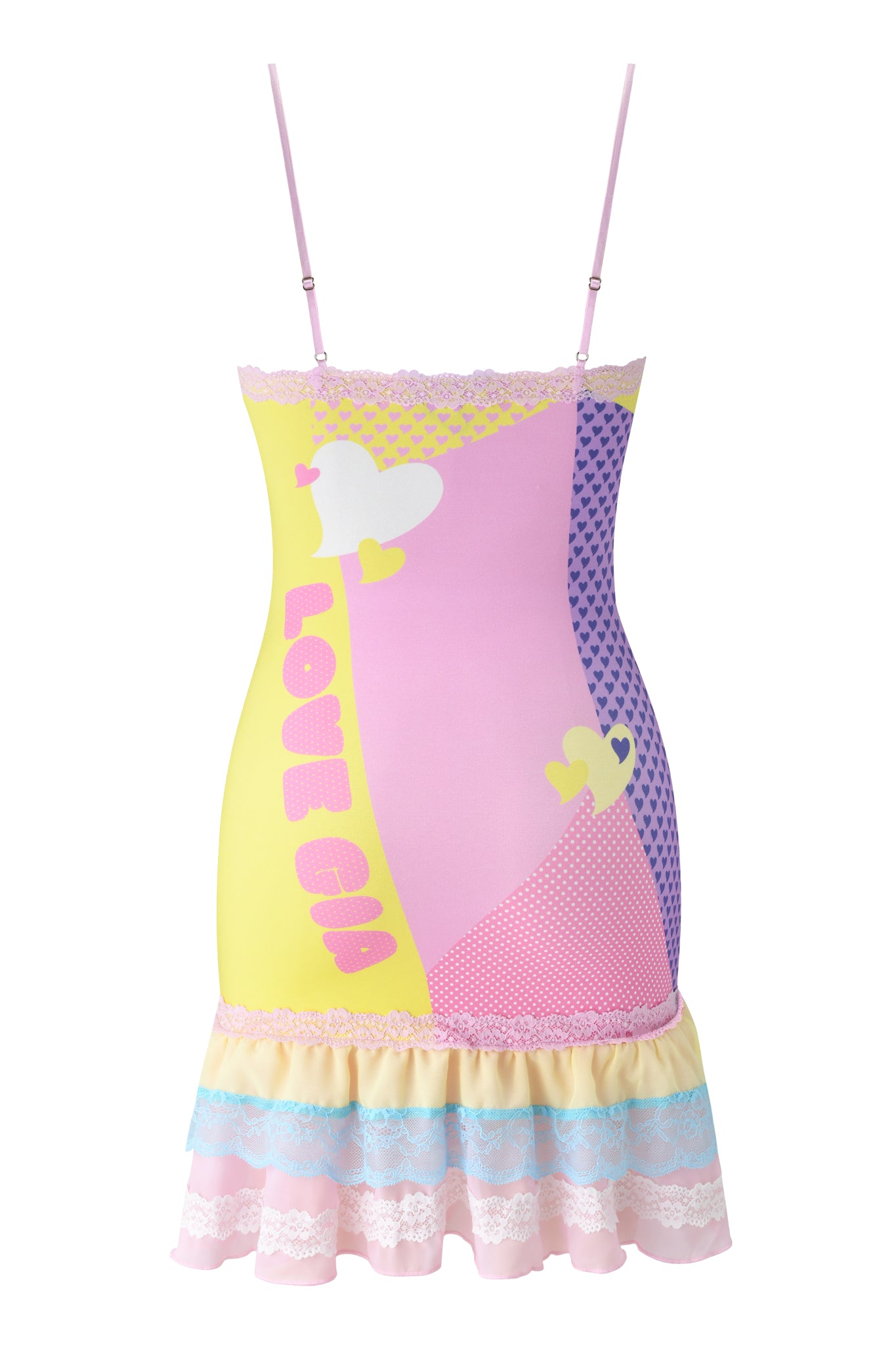 The FAFI MINI DRESS - YELLOW by I.AM.GIA is a sleeveless pastel stretch jersey mini dress with an exclusive print, pink/yellow/purple color blocks, heart graphics, “LOVE GIA” text, lace trim at the top, and ruffled hem.