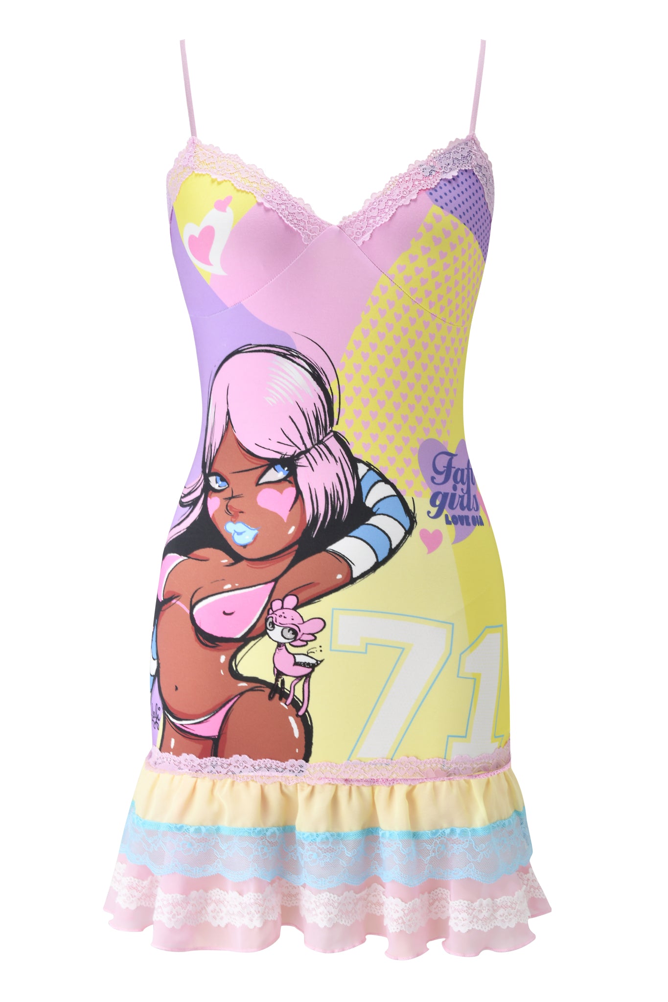The I.AM.GIA FAFI MINI DRESS - YELLOW features a pastel cartoon-style woman with pink hair, exclusive print, lace trim on the neckline and hem, bold yellow, purple, and blue accents, plus hearts and the number 71.