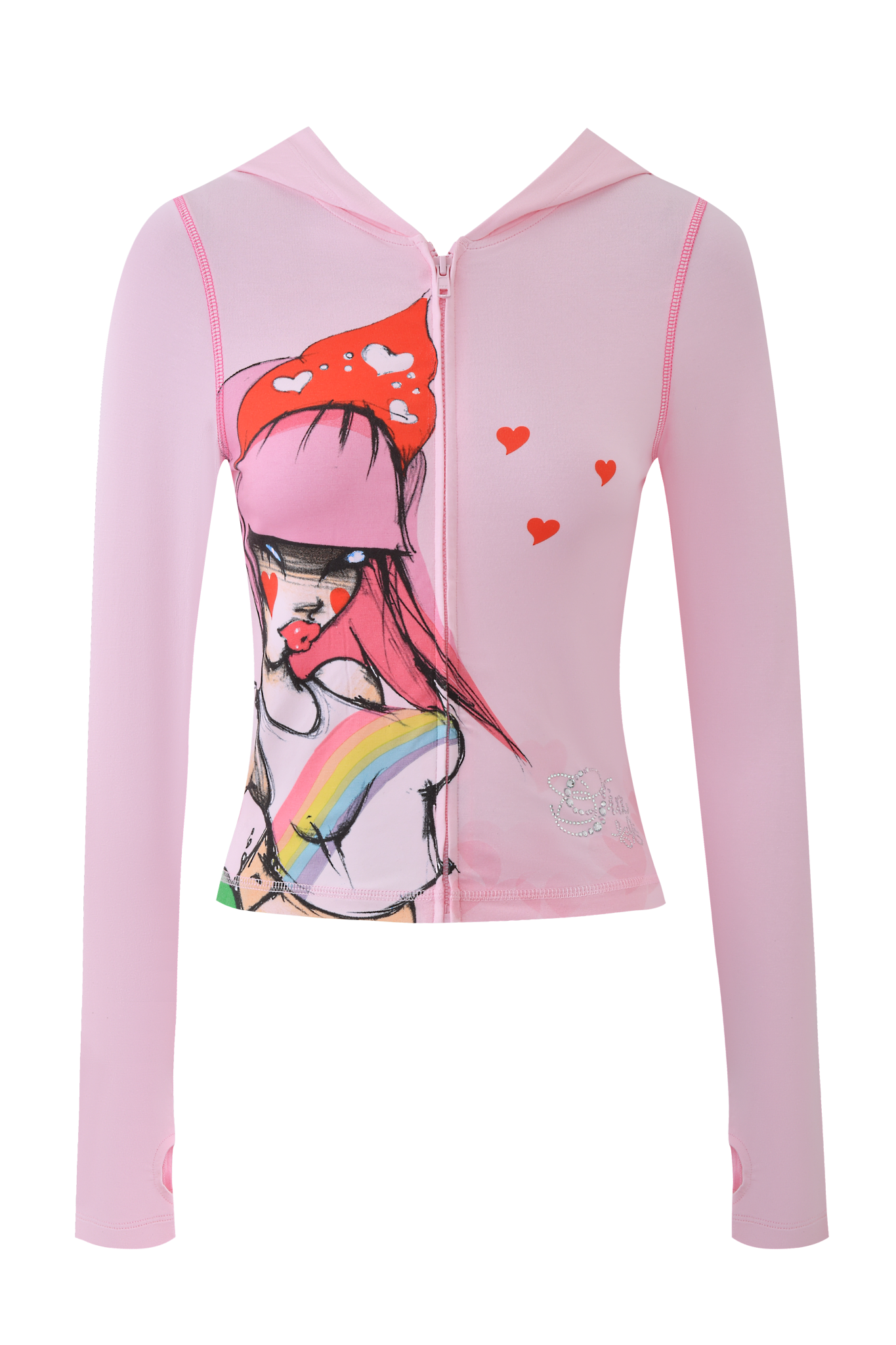 The I.AM.GIA FAFI BLARE HOODIE in baby pink is a body-con zip-up bodysuit with a hood, featuring a colorful illustration of a girl with long pink hair, a pink cap, rainbow detail on her chest, and red hearts around her head.