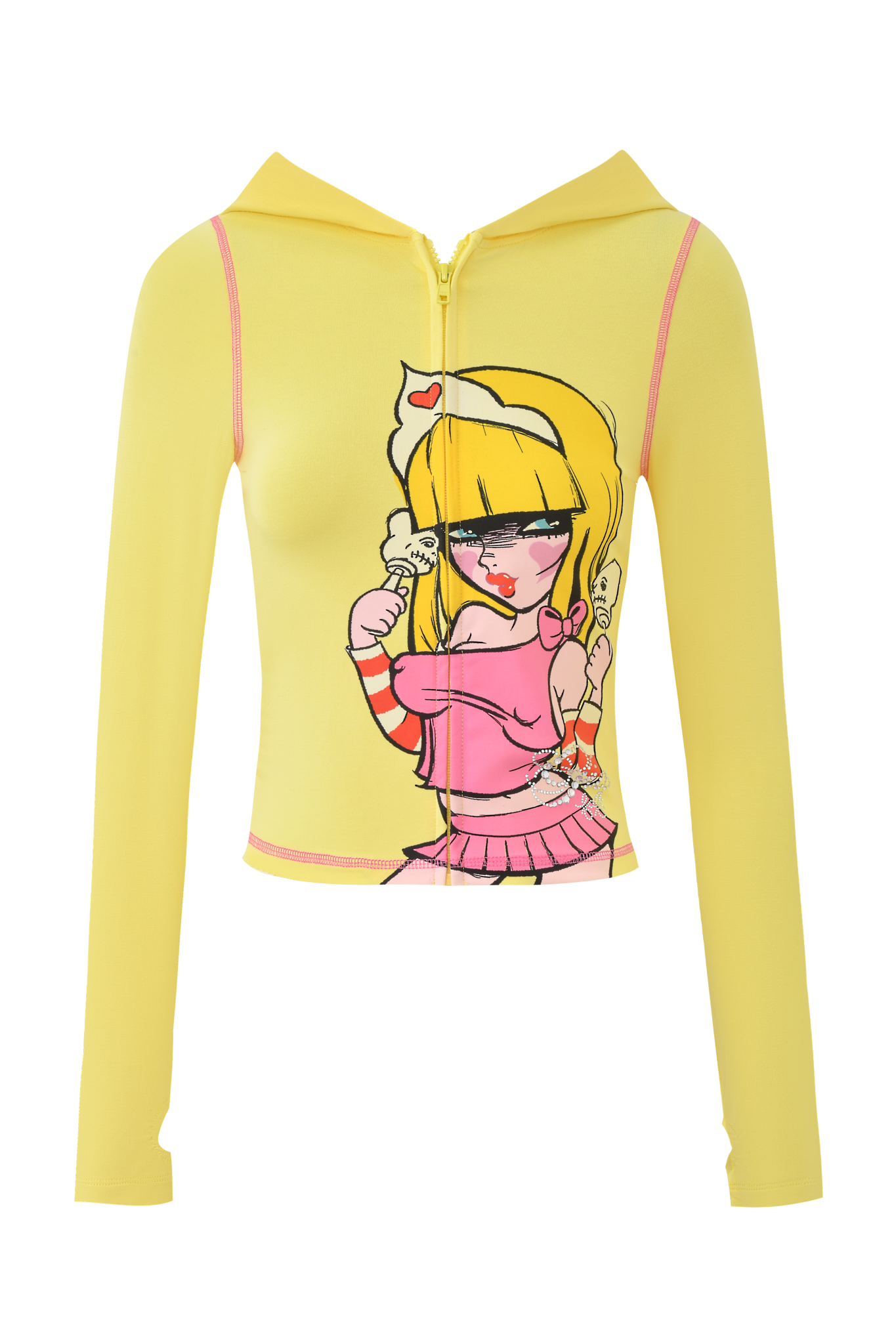 The FAFI BLARE HOODIE - YELLOW by I.AM.GIA features a bold cartoon nurse with blonde hair, a pink outfit, and phone on the front, plus a hood and front zipper, inspired by the collaboration’s colorful style.