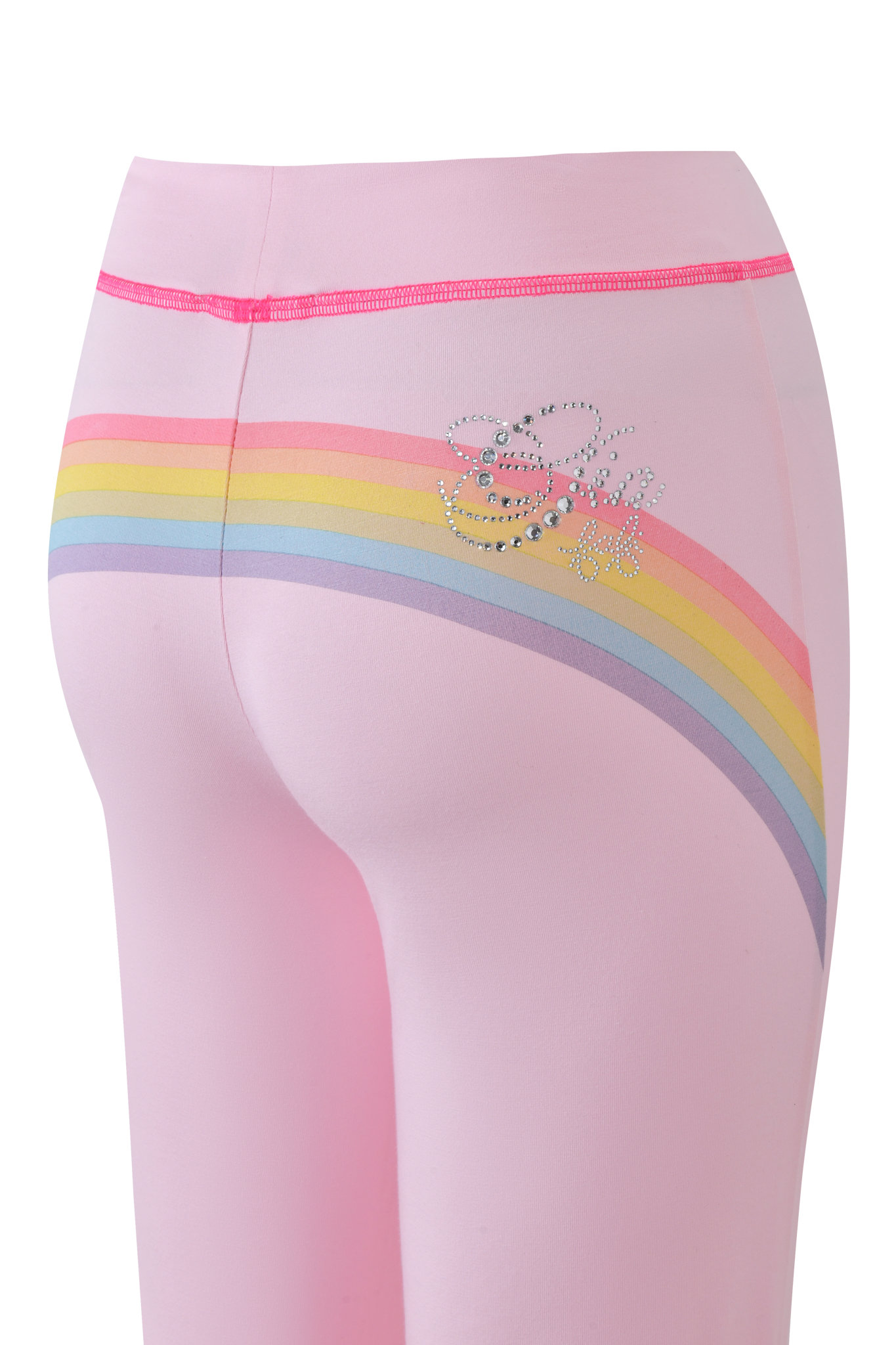 Close-up of I.AM.GIA's FAFI BLARE PANT in baby pink featuring a diagonal rainbow stripe and a decorative diamante "Barbie" logo near the hip.