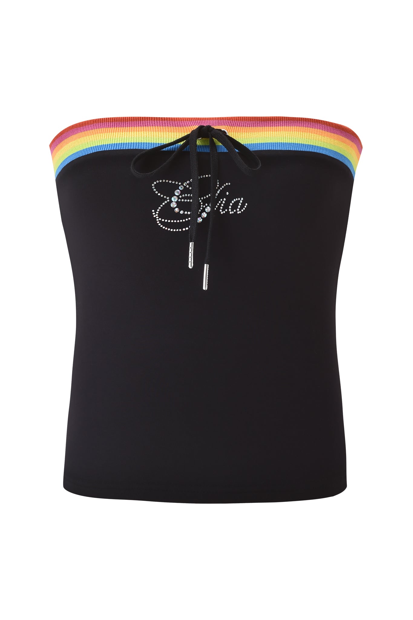The NIJI BOOB TUBE - BLACK by I.AM.GIA features a strapless black bodycon fit, rainbow-striped trim, front drawstring, and “Esha” in diamante applique across the chest for a bold, colorful statement.