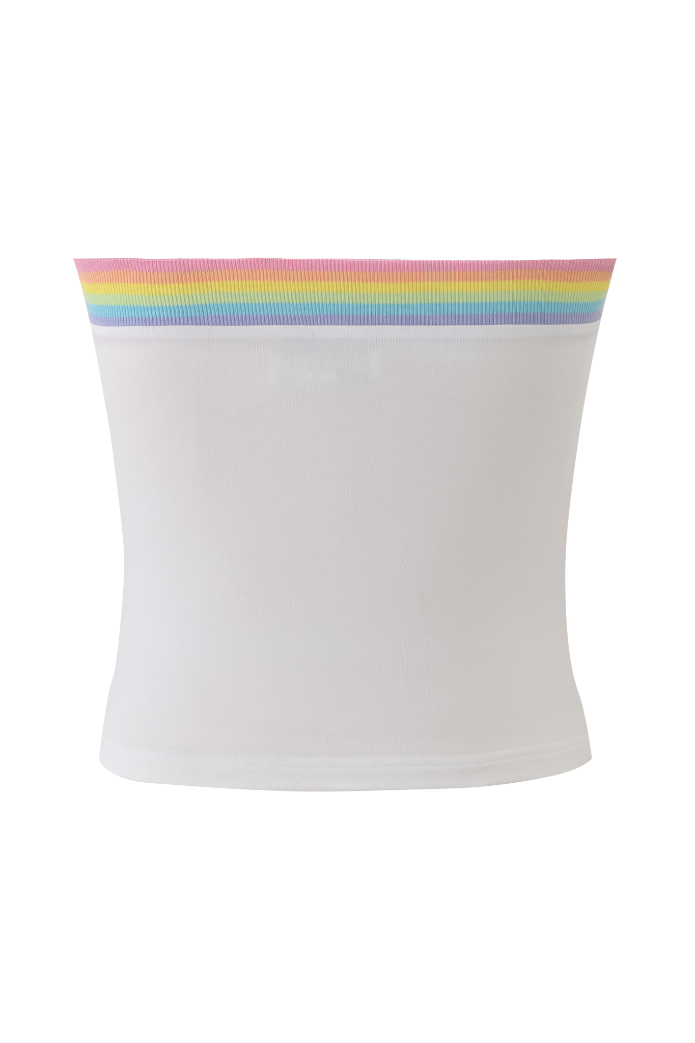 The NIJI BOOB TUBE - WHITE by I.AM.GIA is a white, strapless crop top with a rainbow-striped band, made from soft bamboo jersey for a form-fitting, minimalistic look.