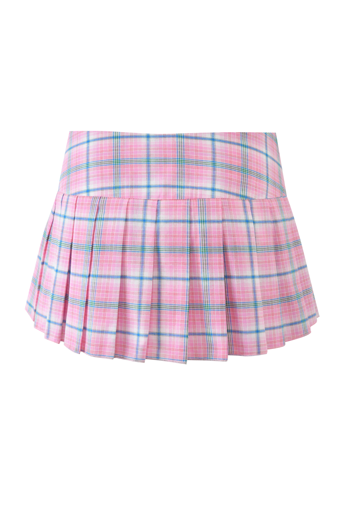 The I.AM.GIA REMINI SKORT in pink plaid features a micro-mini pleated design and fitted waistband, shown against a plain background.