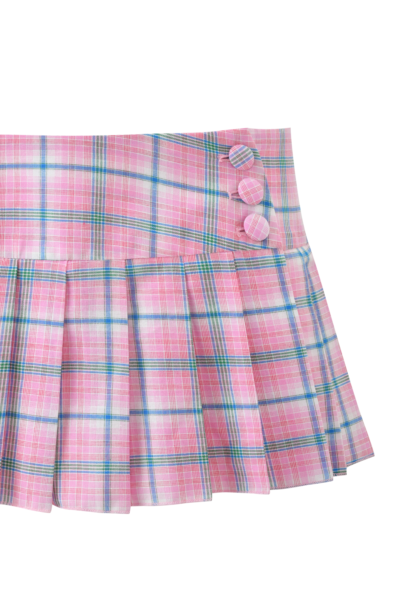 The REMINI SKORT - PINK PLAID by I.AM.GIA features blue and white lines, a wide waistband, low rise waist, and two decorative buttons on the right side.