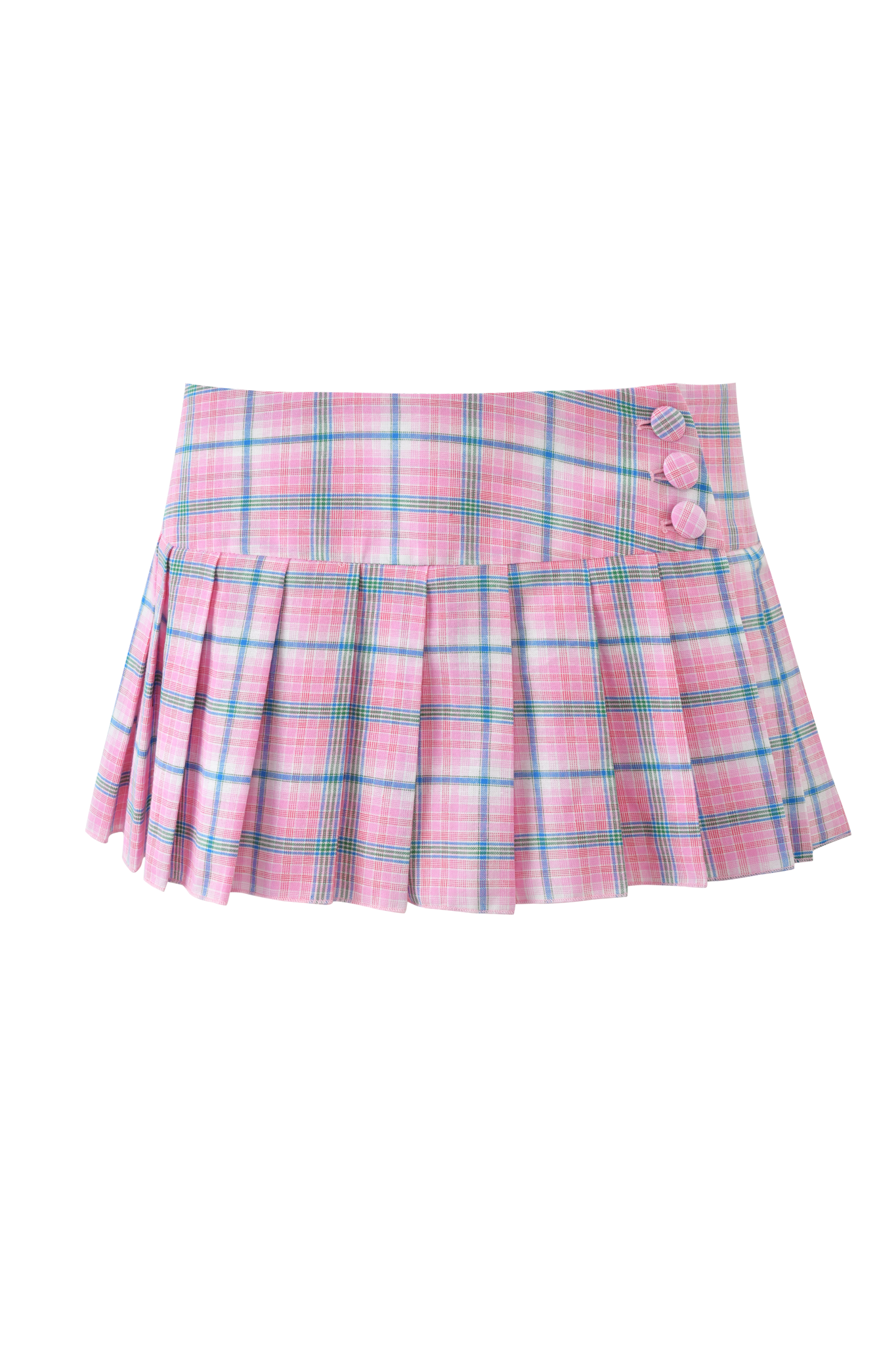 The REMINI SKORT by I.AM.GIA is a pink plaid micro-mini pleated skort featuring three matching buttons on the low-rise waist, displayed against a plain background.