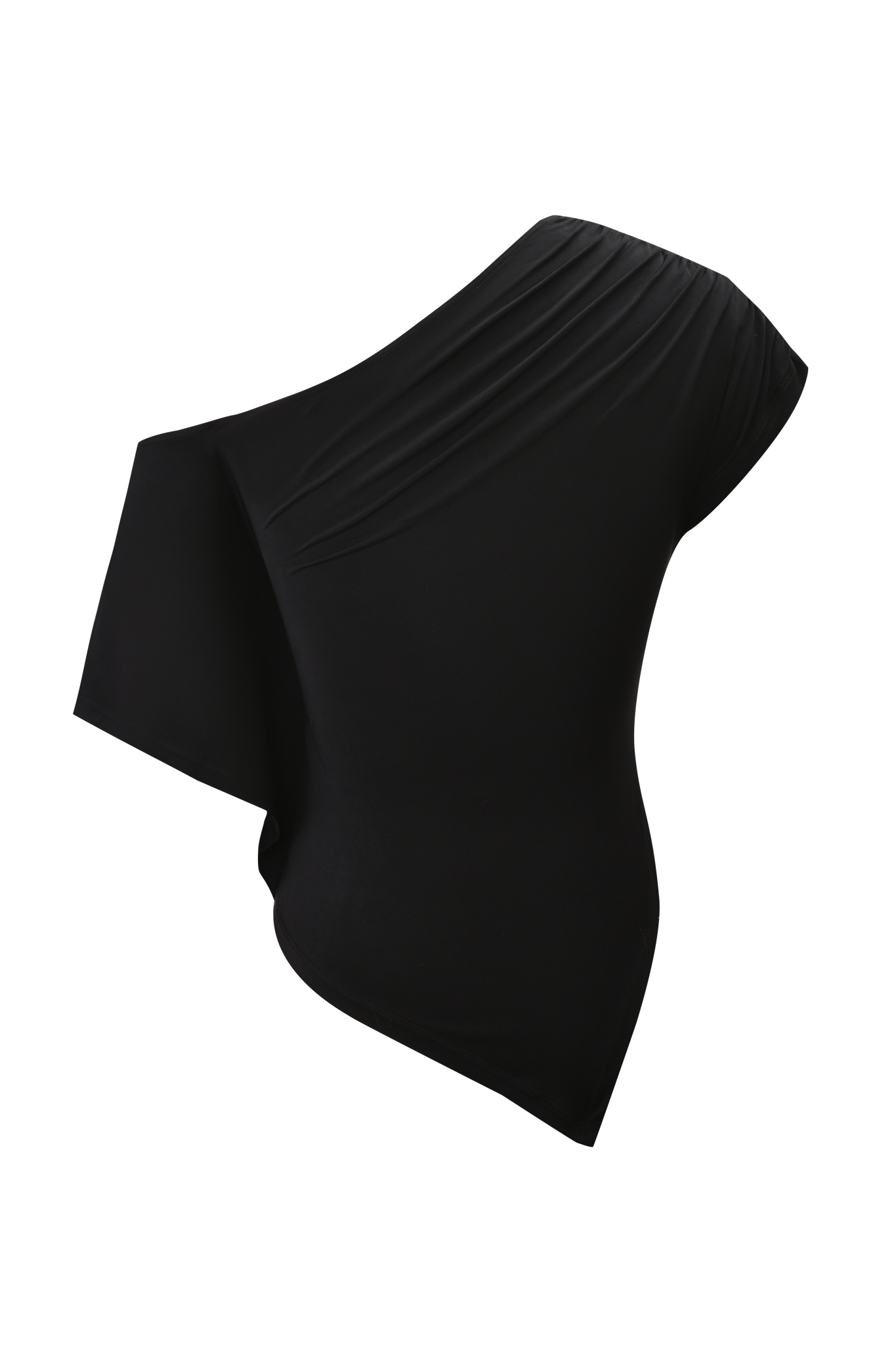 The JOVIE TOP - BLACK by I.AM.GIA is a black, one-shoulder bodysuit with gentle draping, a fitted silhouette, and an asymmetrical hem, shown on a plain background.