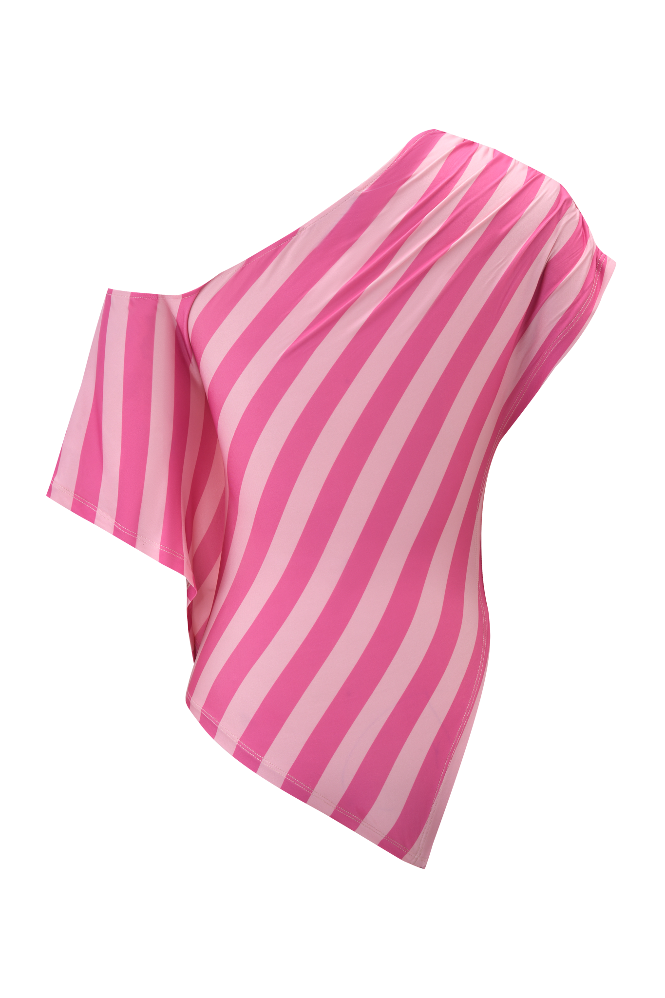 The JOVIE TOP - PINK STRIPE by I.AM.GIA features a poncho style with an asymmetrical pointed hem, appearing to float midair with visible soft folds, set against a matching pink stripe background for a seamless effect.