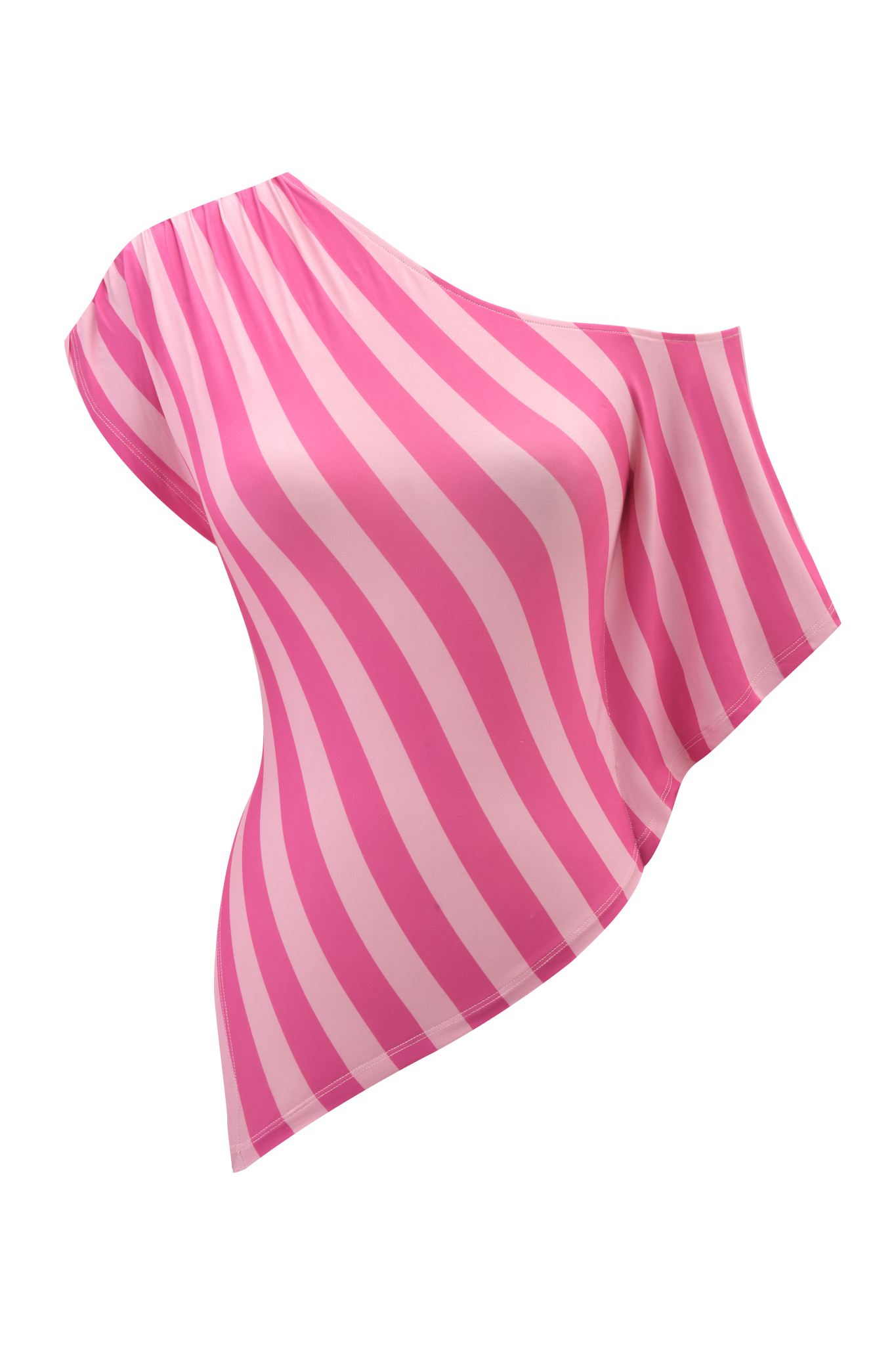The JOVIE TOP - PINK STRIPE by I.AM.GIA is a poncho-style top with diagonal pink and white stripes and an asymmetrical pointed hem, shown floating against a matching striped background.