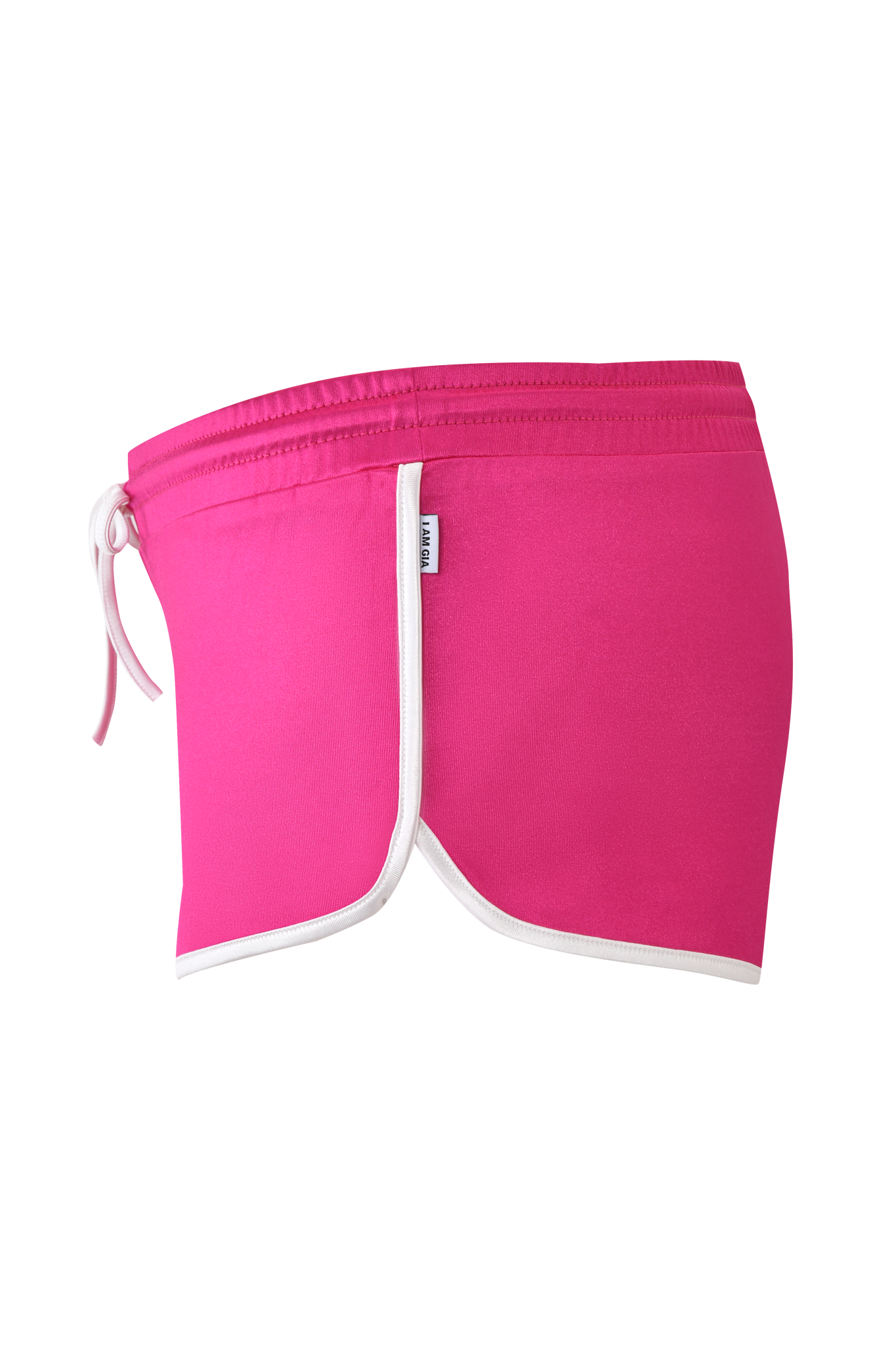 The I.AM.GIA CHERRY SHORT in dark magenta features a dolphin hem with white trim, an elastic waistband with a white drawstring, and a small side tag—shown from the side.