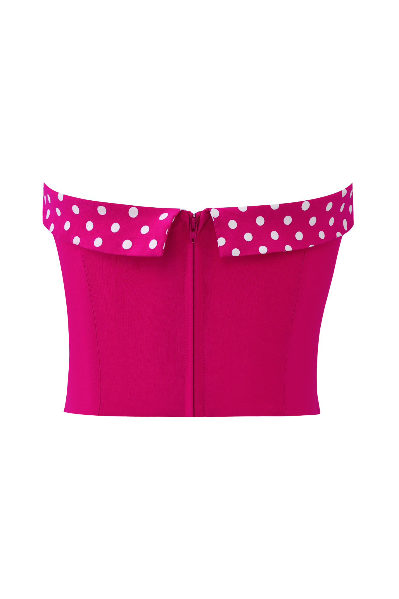 The QUINN TOP - PINK by I.AM.GIA features a bright pink color and a high-waisted design with a white polka dot print waistband, finished with a visible back zipper.