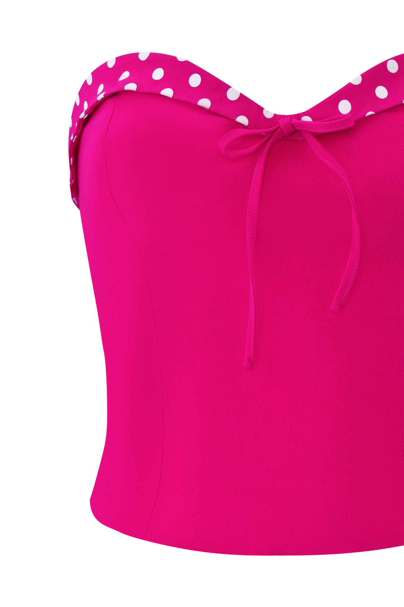The QUINN TOP - PINK by I.AM.GIA is a strapless, hot pink bustier-style top with polka dot trim on the neckline, a center front bow, and a flattering body-con fit.