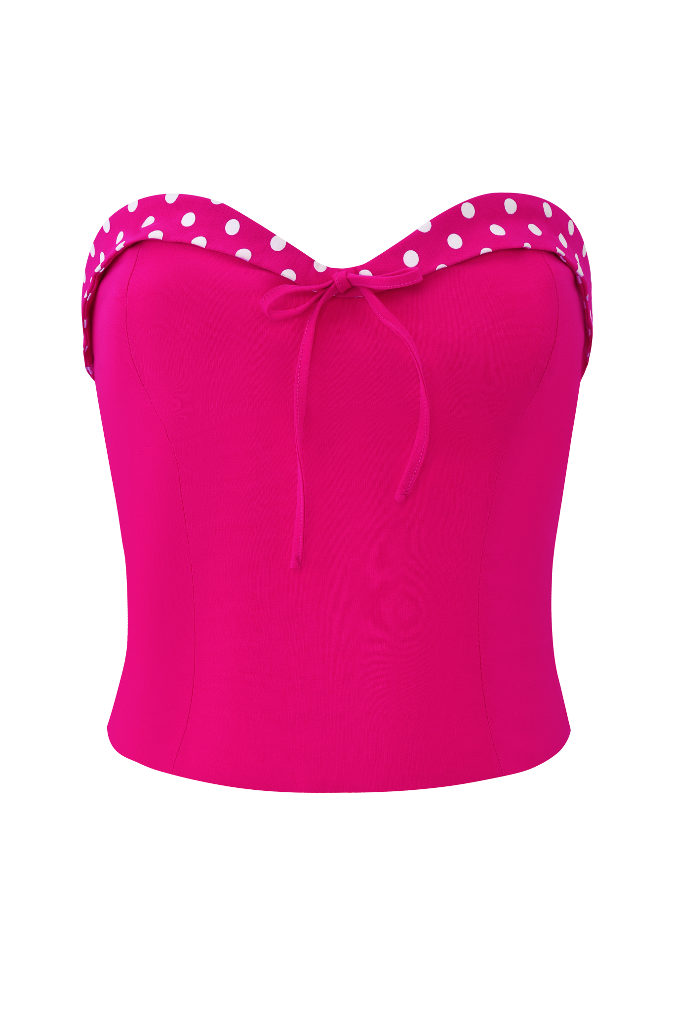 The QUINN TOP - PINK by I.AM.GIA is a vibrant hot pink bustier with a sweetheart neckline, red and white polka dot trim along the top edge, and a playful central bow.