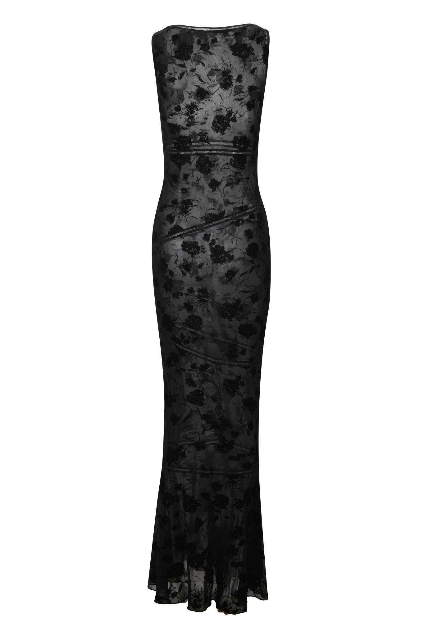 The VENETIA MAXI DRESS - BLACK by I.AM.GIA is a strapless, floor-length black dress with a fitted silhouette, subtle floral patterns, sheer back, and slight hem flare.