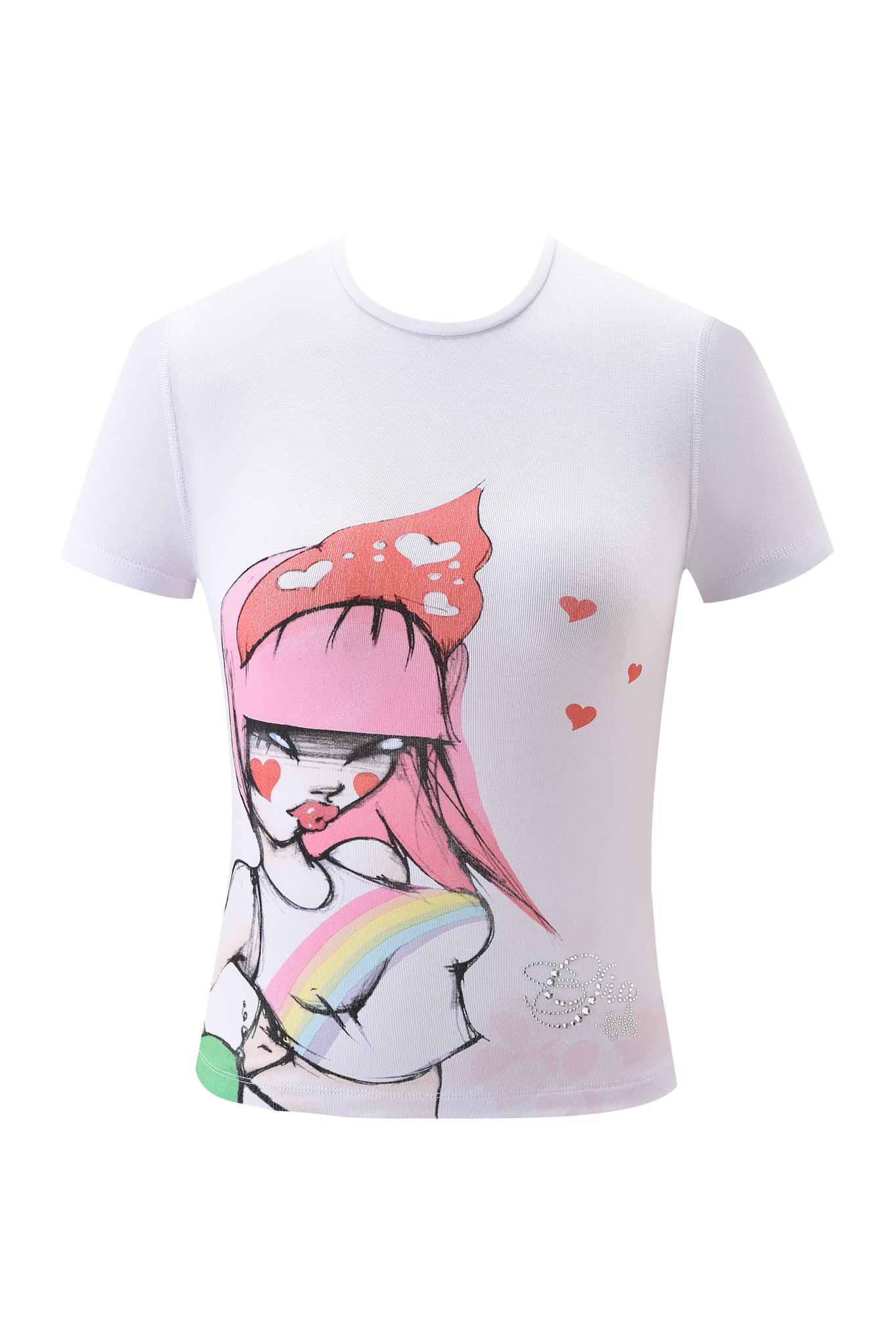 The FAFI T-SHIRT - WHITE by I.AM.GIA features Fafinette artwork—an illustrated girl with pink hair, red hearts, a rainbow across her torso, and a dreamy expression for playful, whimsical style.