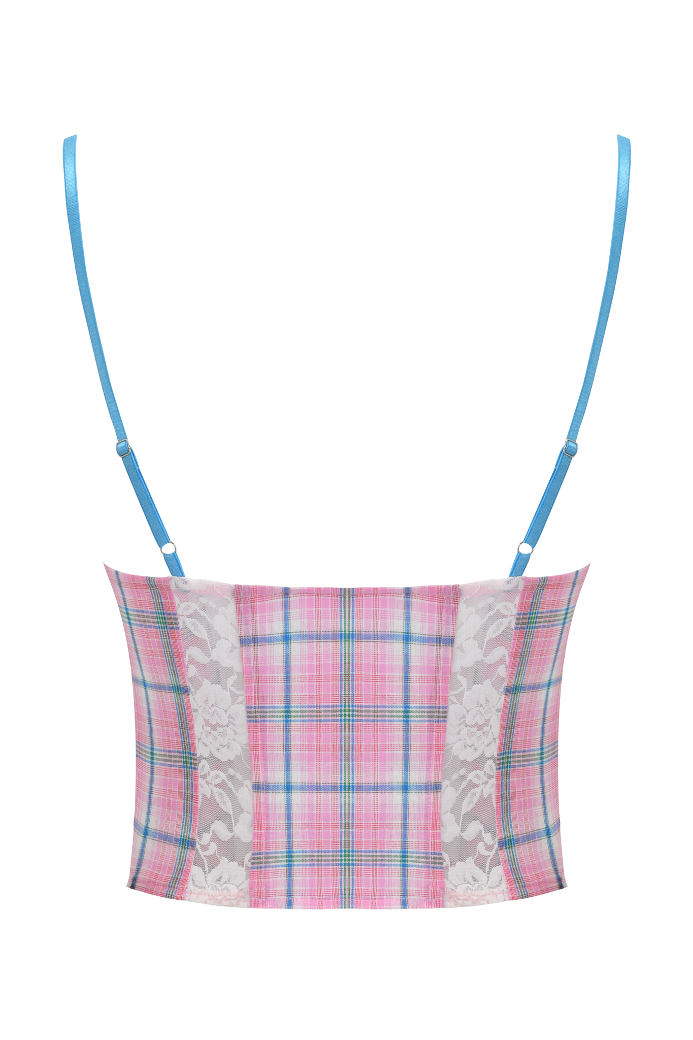 The CLAIRE CORSET - PINK PLAID by I.AM.GIA features underwire bust cups, white lace side panels, and adjustable blue straps, shown against a white background.