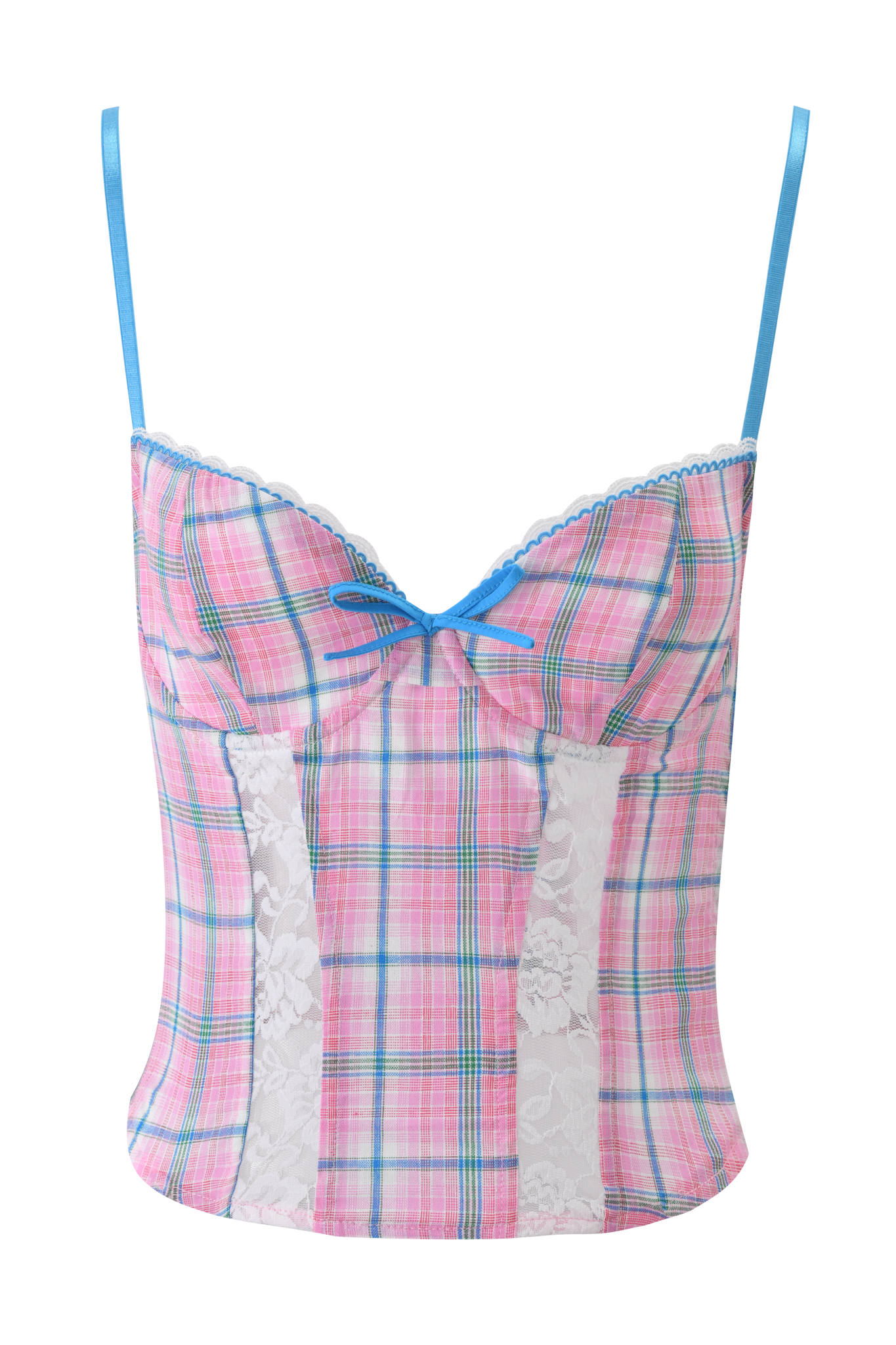The CLAIRE CORSET - PINK PLAID by I.AM.GIA features a pink plaid design, thin blue straps, a blue front bow, underwire cups for support, and white lace side panels.
