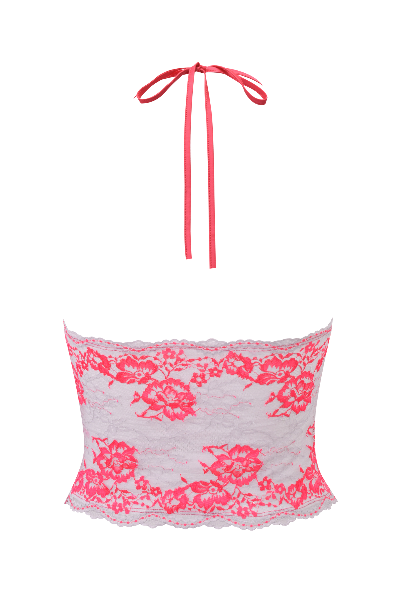 The GEM HALTER TOP - NEON PINK by I.AM.GIA is a neon pink and white cropped halter with a floral lace pattern, sheer lace neck tie details, and a flattering bodycon fit.