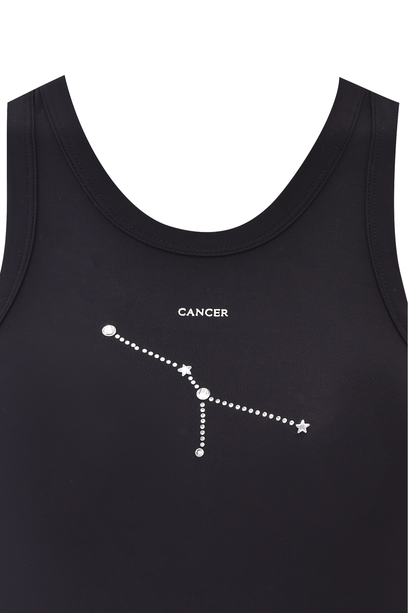 The I.AM.GIA CANCER ZODIAC TANK - BLACK is a racer-style tank top with "CANCER" text and a white dotted Cancer constellation graphic on the chest.