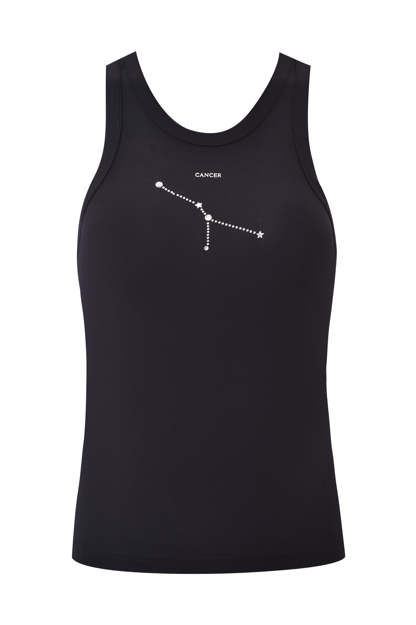 The I.AM.GIA CANCER ZODIAC TANK - BLACK is a racer-style bamboo tank top with a white dotted Cancer constellation and "Cancer" printed above the design on the chest.