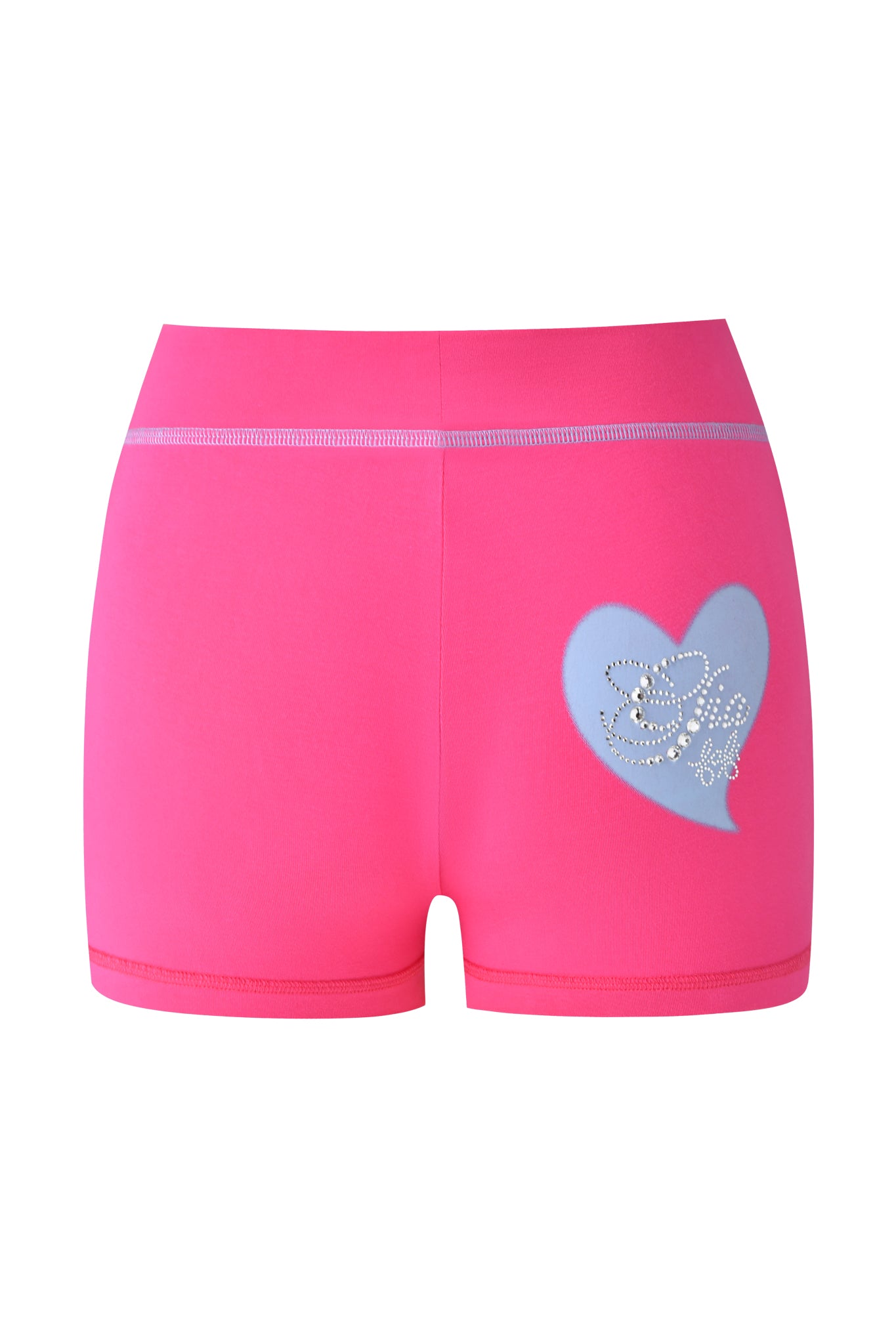The FAFI BLARE SHORT - HOT PINK by I.AM.GIA features a blue heart with “Barbie” in silver rhinestones on the left side, visible stitching, and a stretchy, comfy waistband.