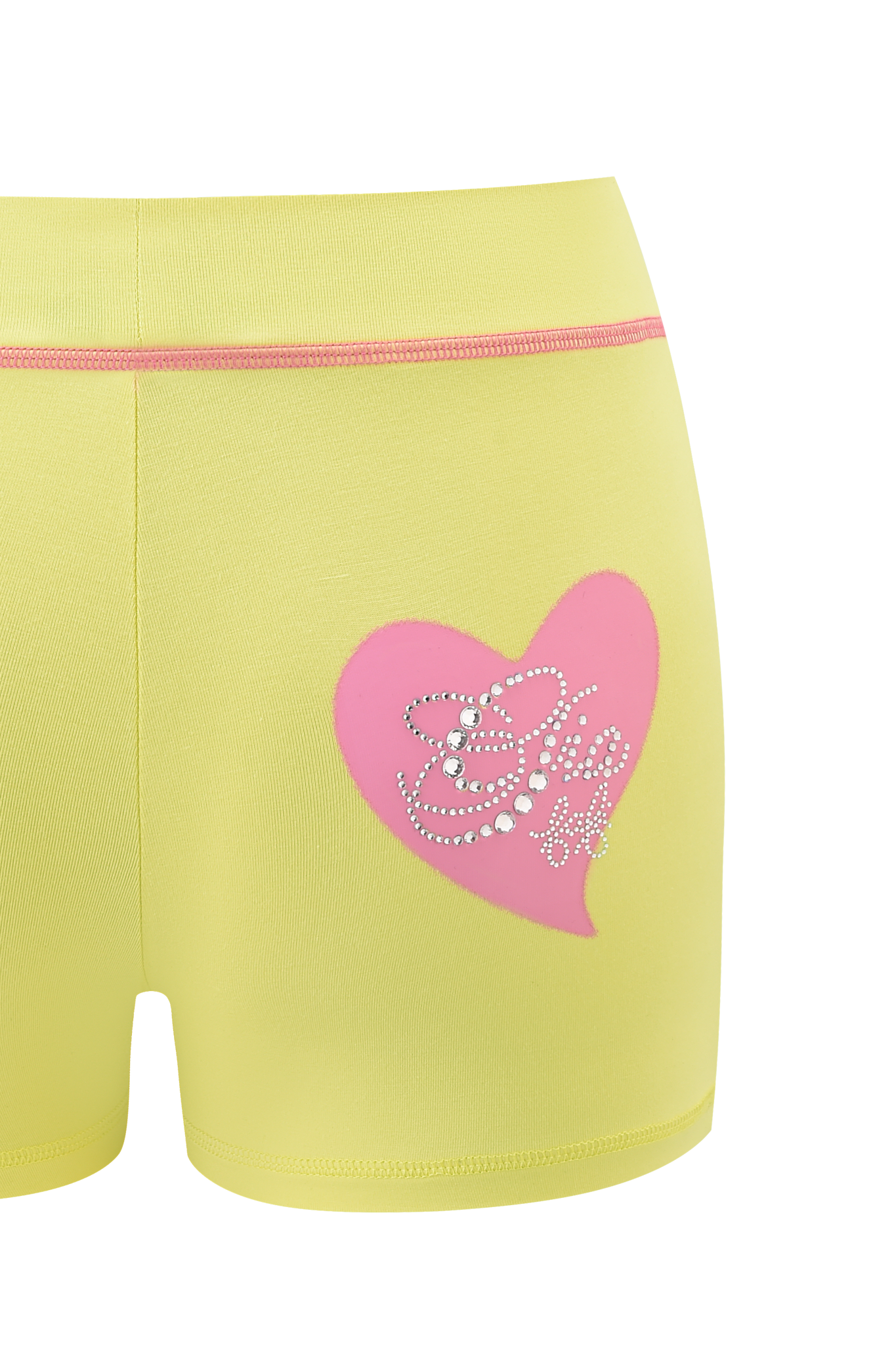 The I.AM.GIA FAFI BLARE SHORT - YELLOW features a pink heart with "Glam" in script on the left side, decorated with white dots. Made from stretchy bamboo, these mid-rise shorts offer comfort and style.