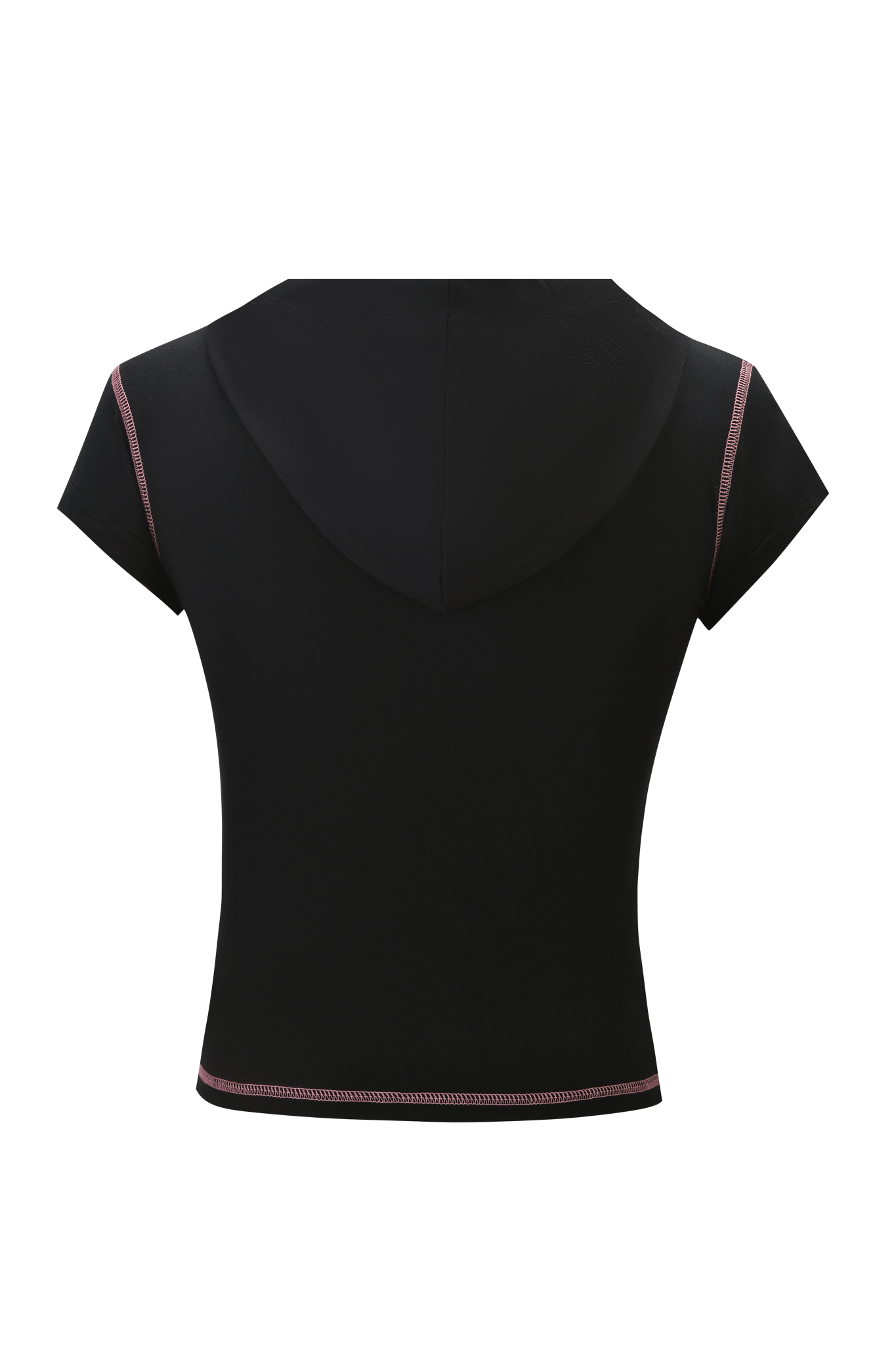 Back view of the I.AM.GIA BLARE CAP SLEEVE HOODIE in black, featuring a hood and pink stitching on the sleeve cuffs and hem—a stylish short-sleeve option for summer.