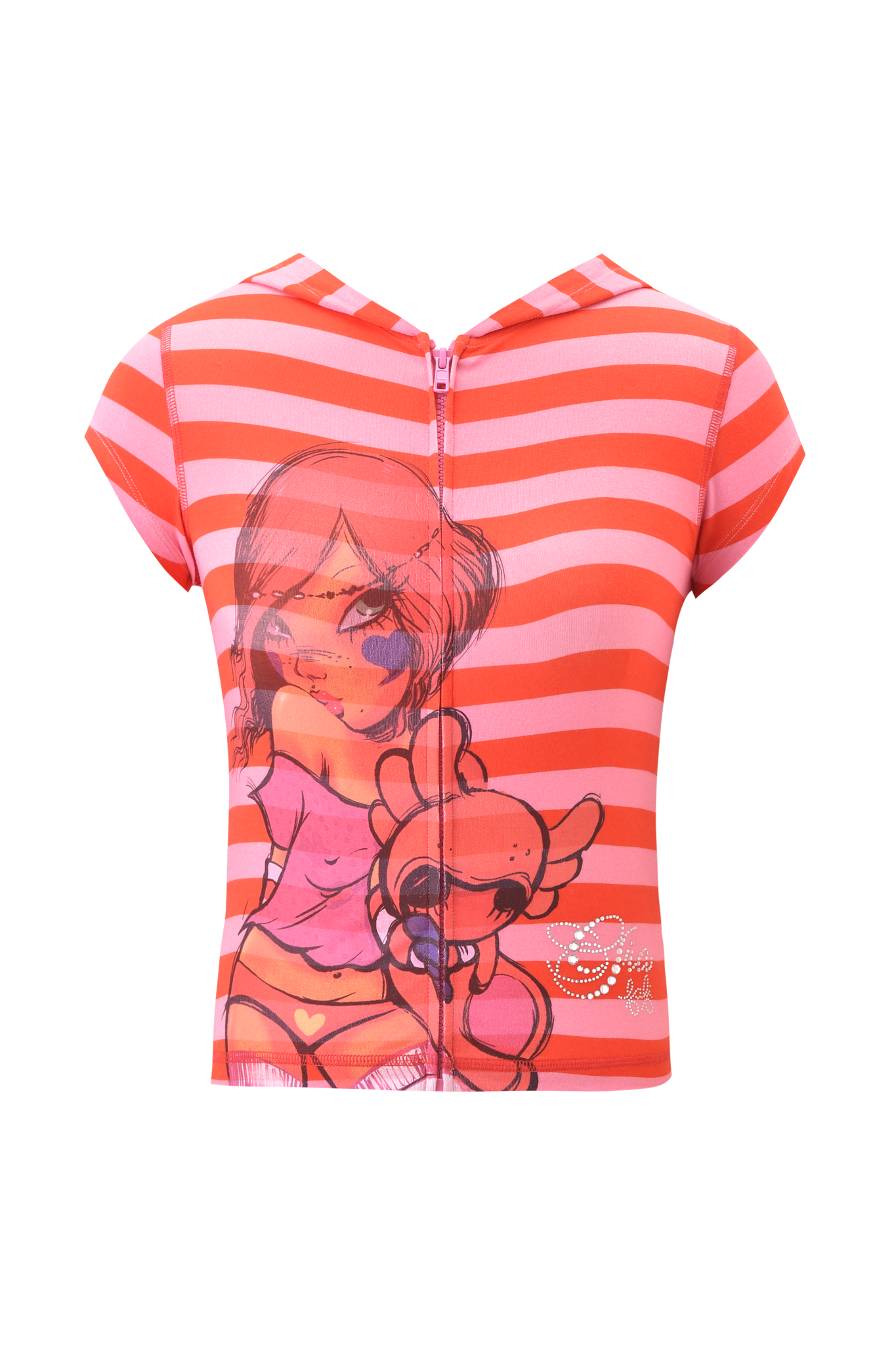 The I.AM.GIA FAFI BLARE Cap Sleeve Hoodie in pink stripes features front zip, cap sleeves, an anime-style Fafinettes girl with a stuffed animal on the front, and a small white logo near the hem.