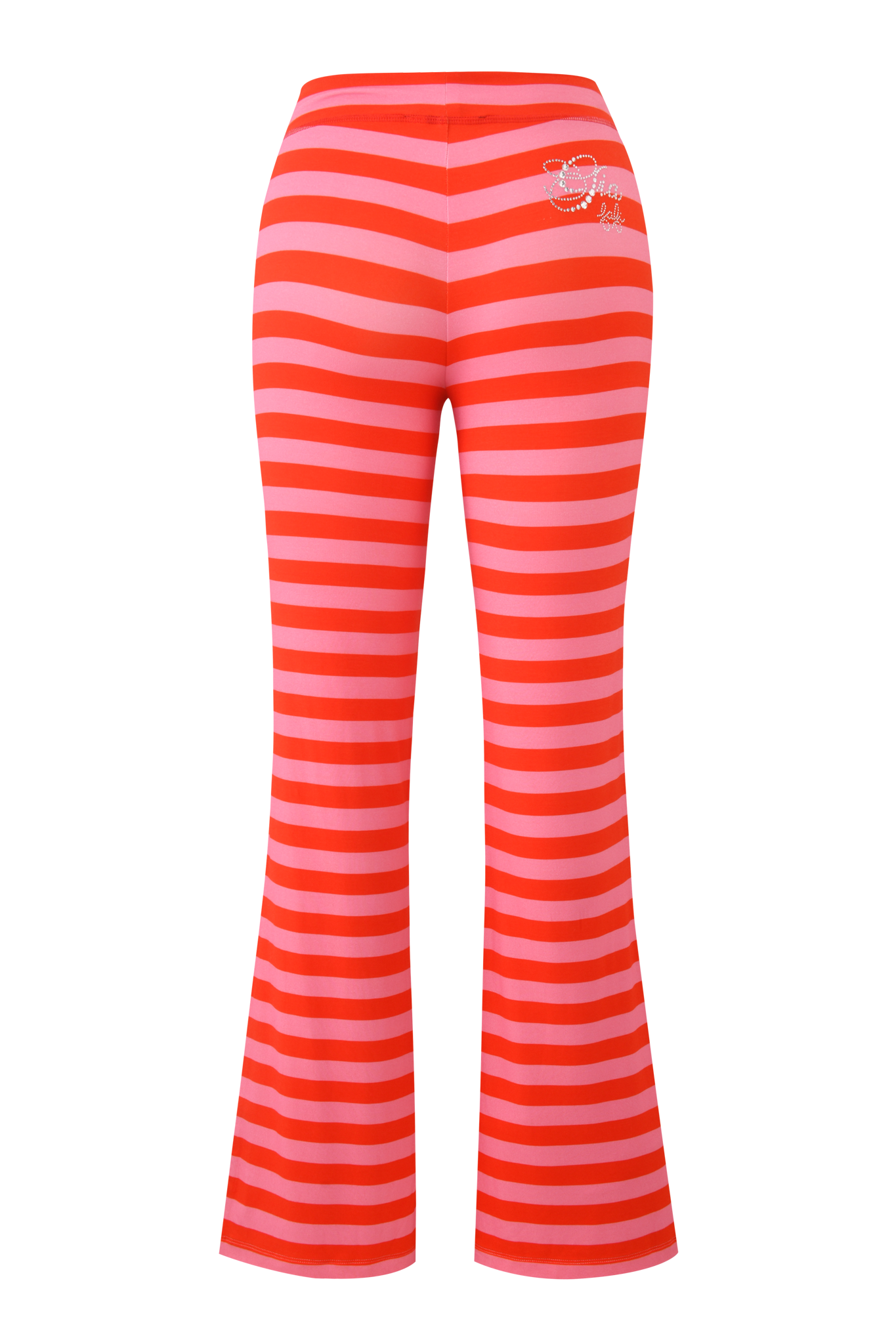 The FAFI BLARE TRACKPANT - PINK STRIPE by I.AM.GIA features high-waisted, wide-leg bamboo jersey in bold pink and red stripes with a rhinestone dragonfly on the left hip for a striking seamless look.