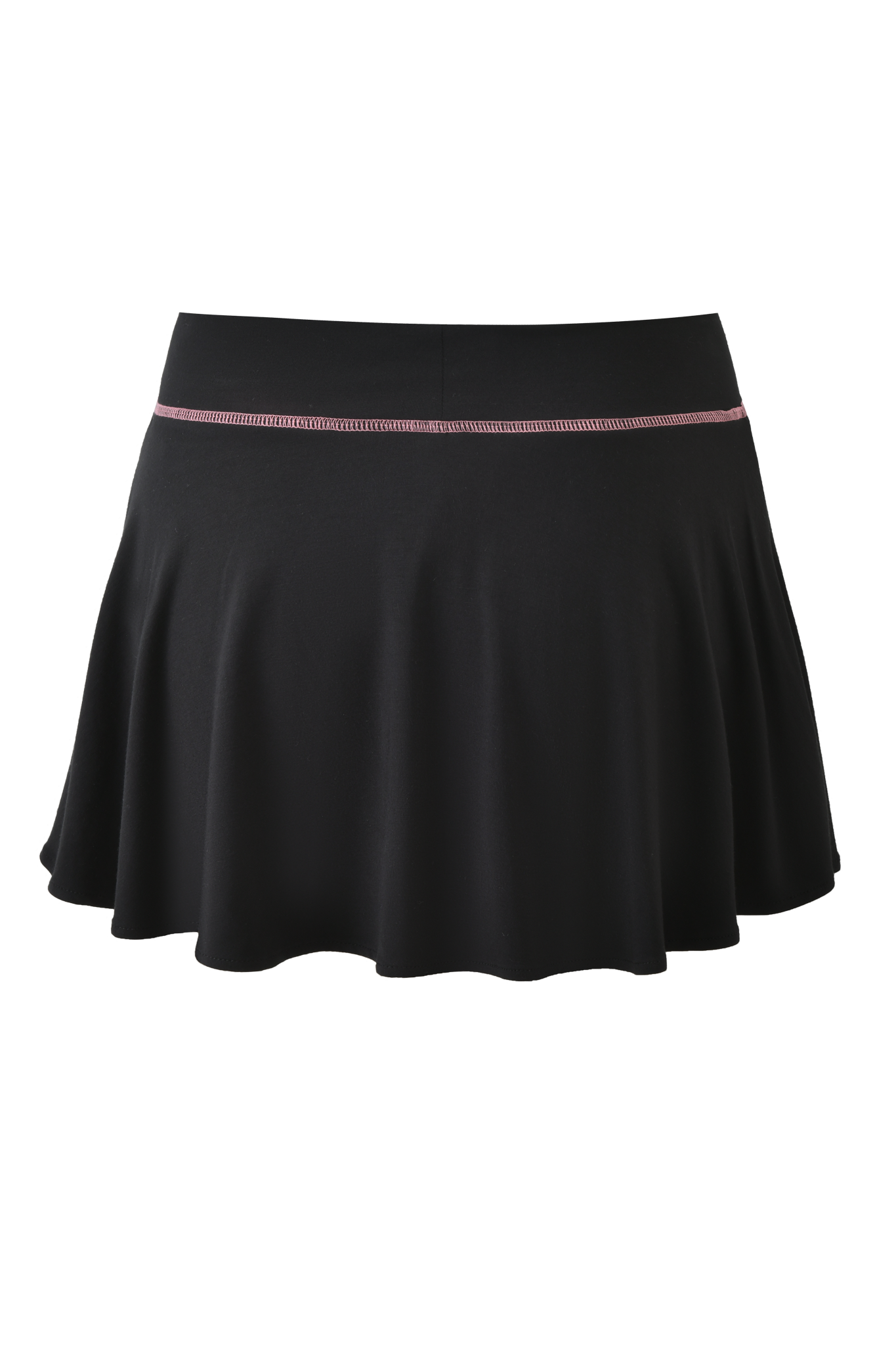 The I.AM.GIA BLARE SKORT in black features an A-line silhouette, a slightly elastic waistband, and a thin pink stripe near the top, displayed against a plain background.