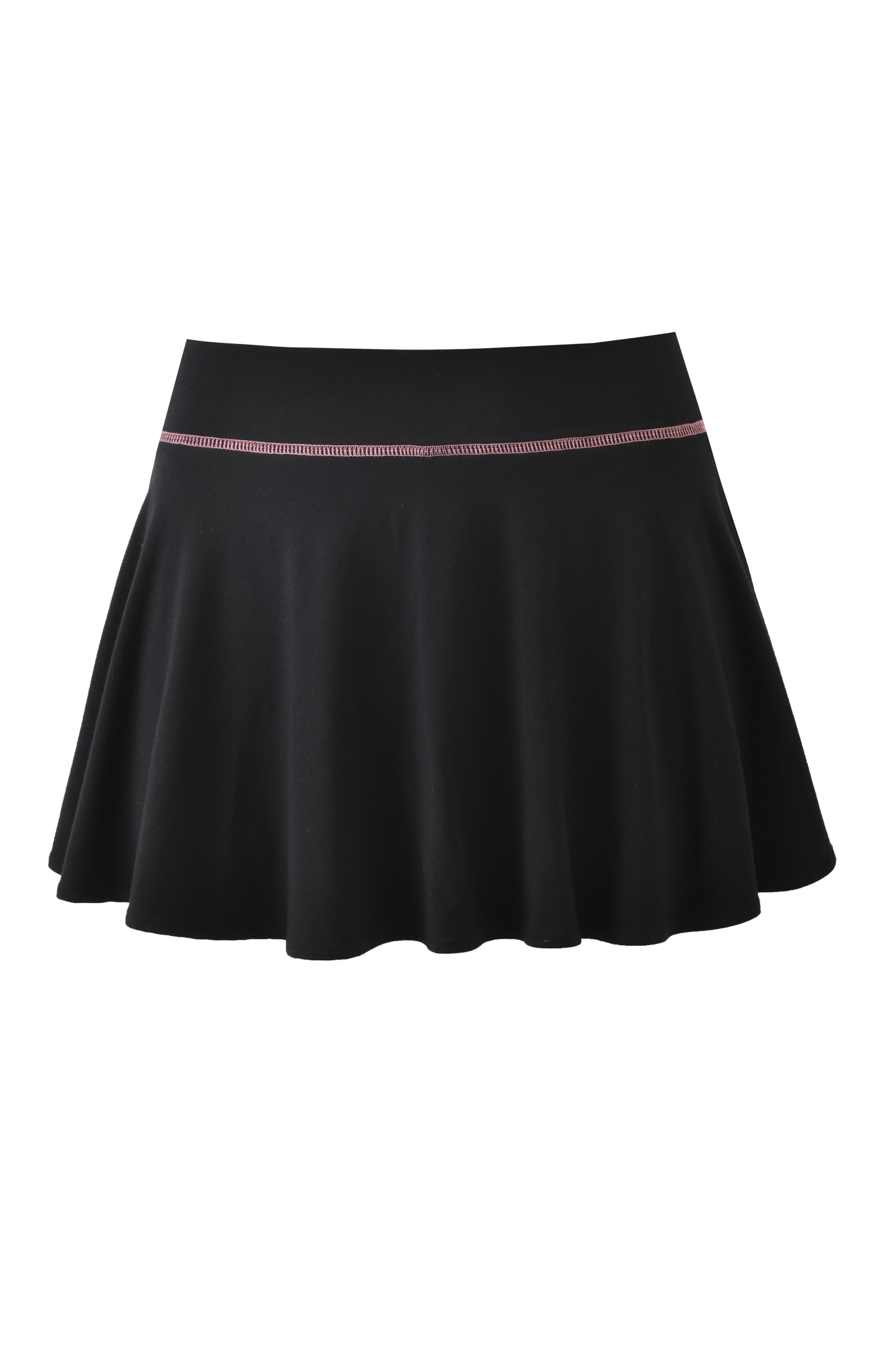 The I.AM.GIA BLARE SKORT - BLACK features a classic A-line silhouette and a subtle pink stitched waistband, shown against a plain background.