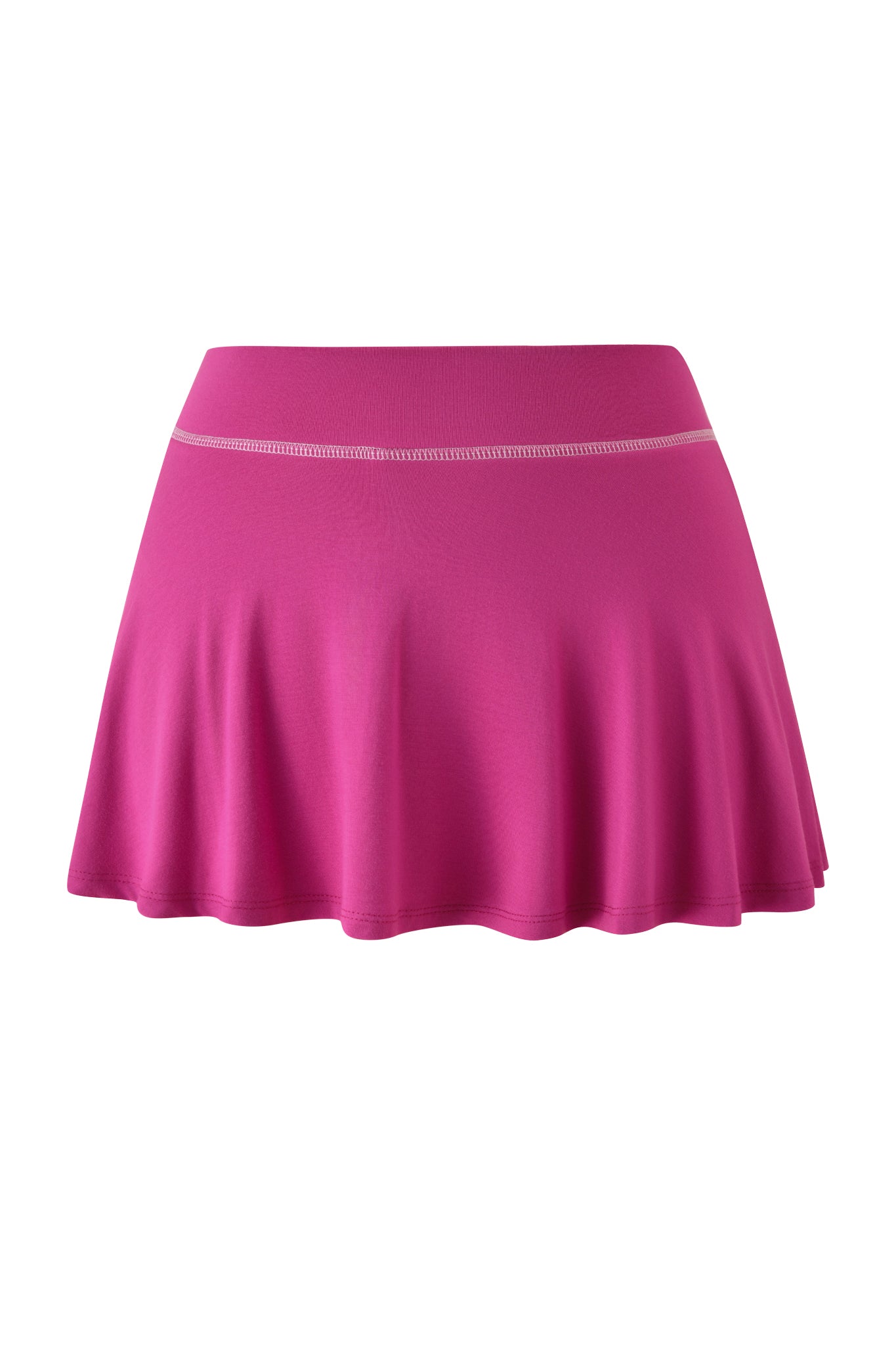 The BLARE SKORT - RASPBERRY by I.AM.GIA features a bright pink A-line silhouette, wide waistband, and gently curving hem, shown against a plain white background.