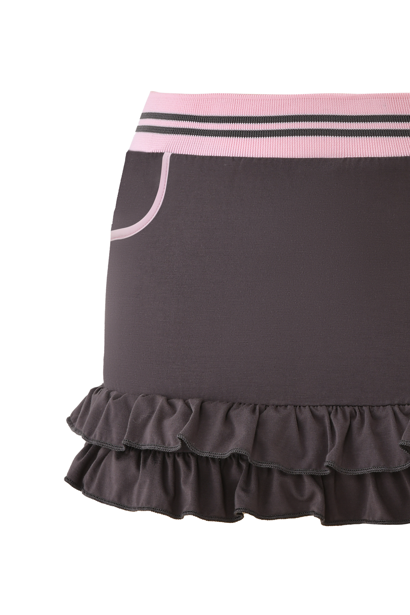 The ELLIS SKORT - GREY by I.AM.GIA is a charcoal grey mini skort in stretch bamboo jersey, featuring a pink and white striped waistband, bubblegum pink elastic-trimmed side pocket, and double-layered ruffled hem.