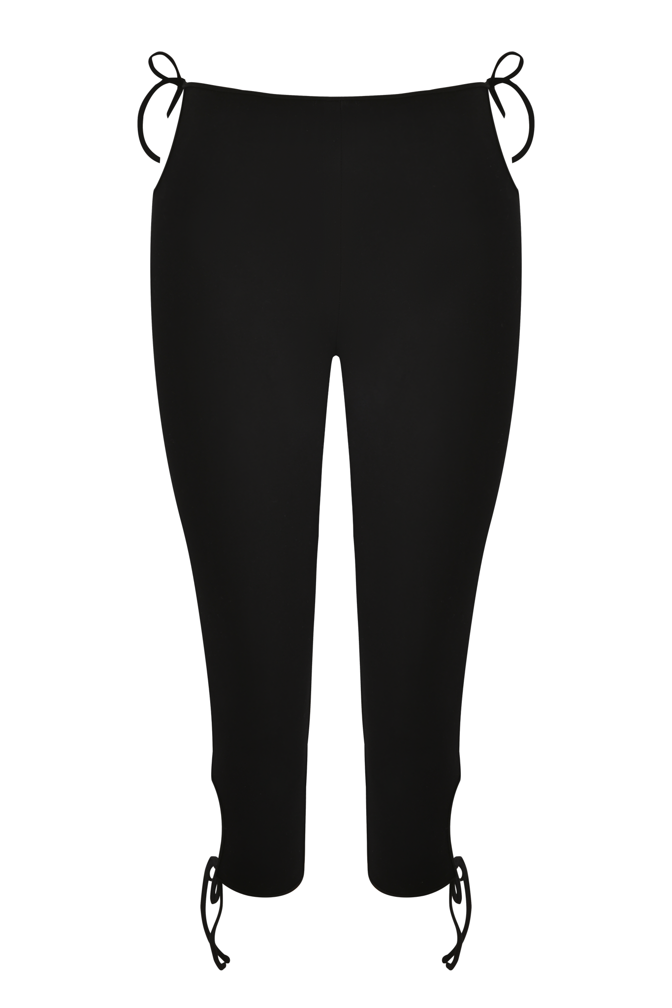 The I.AM.GIA YUNA CAPRI - BLACK is a high-waisted, body-con capri legging made from high-stretch fabric, featuring bow tie details at the waist and ankles for a sleek, decorative look.